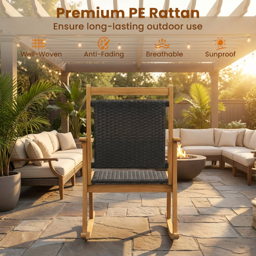 Biotree Patio Rattan Glider Chair with Acacia Wood Frame and Wicker Seat Back Stackable Patio Chair for Garden BackyardMix Brown