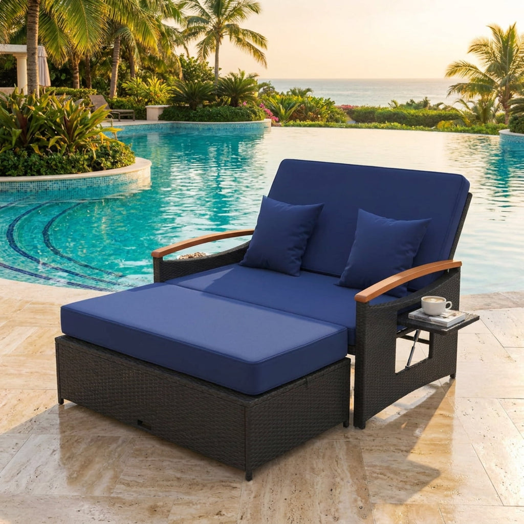 Biotree Outdoor Wicker Daybed with Folding Panels and Storage Ottoman Stackable Patio Chair for Garden BackyardDark Blue