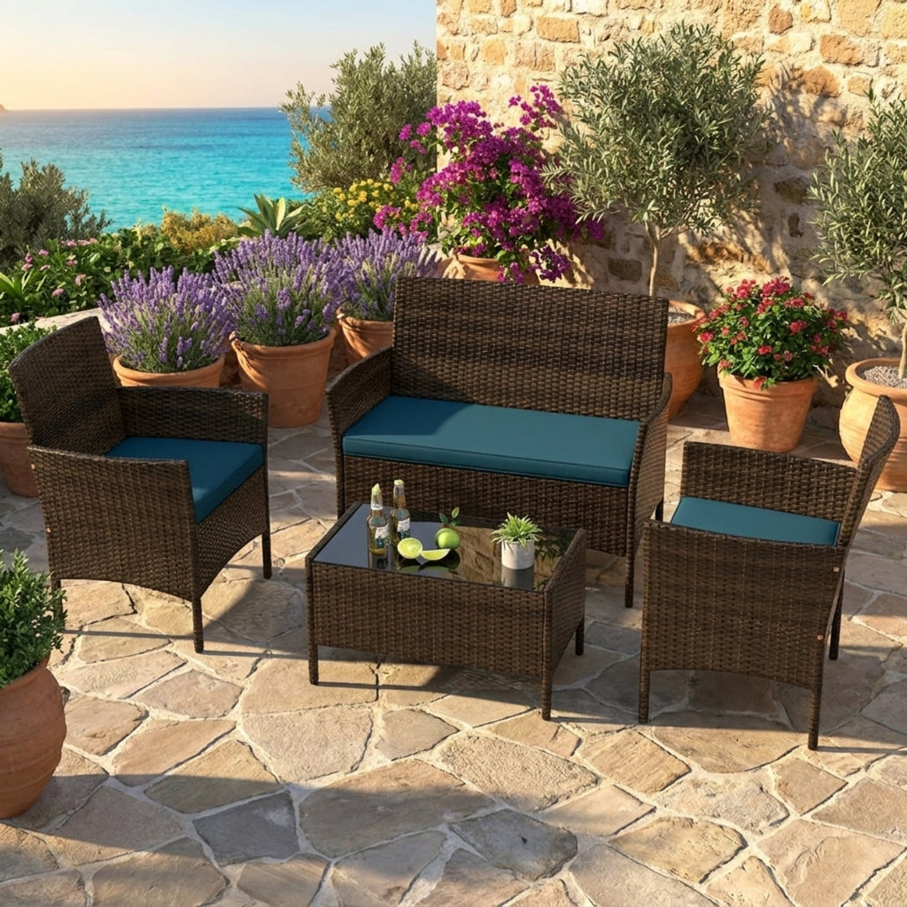 Biotree 4 Piece Patio Rattan Conversation Set with Cozy Seat Cushions Outdoor Conversation Set for Garden Backyard PorchPeacock Blue