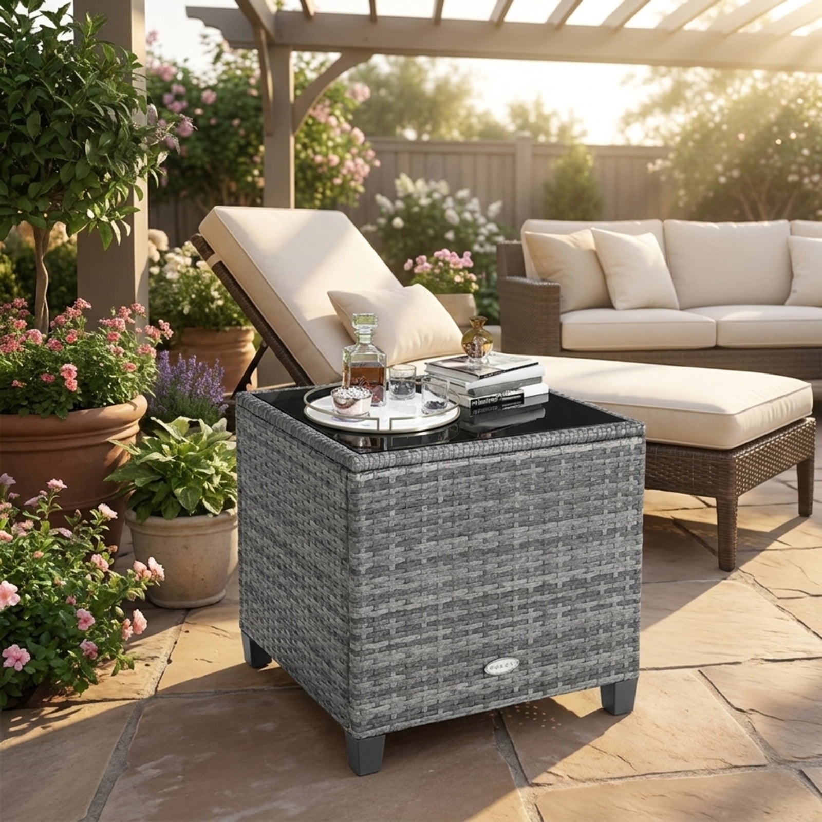 Biotree 3 Pieces Outdoor Wicker Conversation Set with Tempered Glass Tabletop Outdoor Conversation Set for Garden Backyard PorchBeige