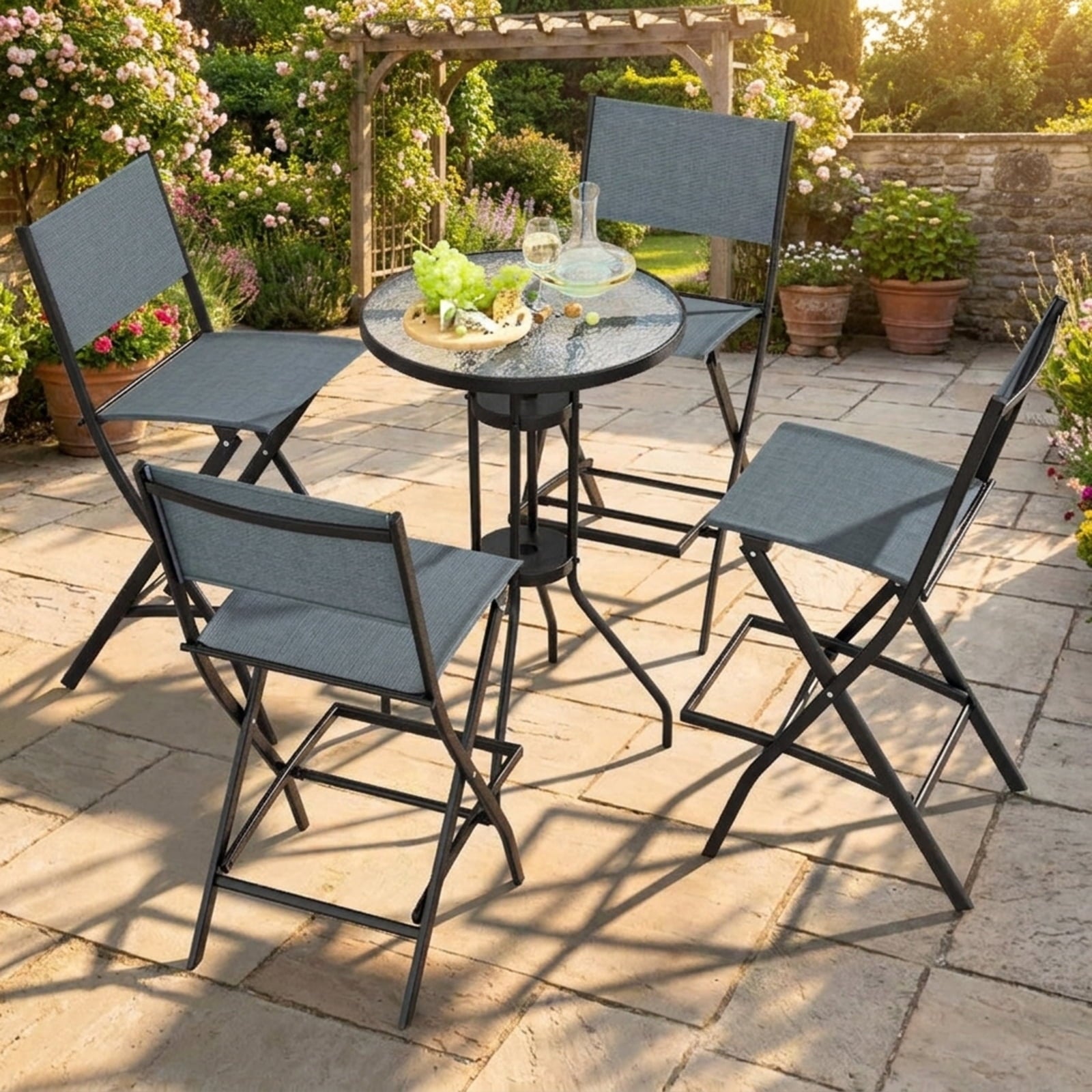 Biotree Folding Bar Stools Set of 2 Backrest Humanized Footrest for Patio Porch Garden Backyard Outdoor, Blue