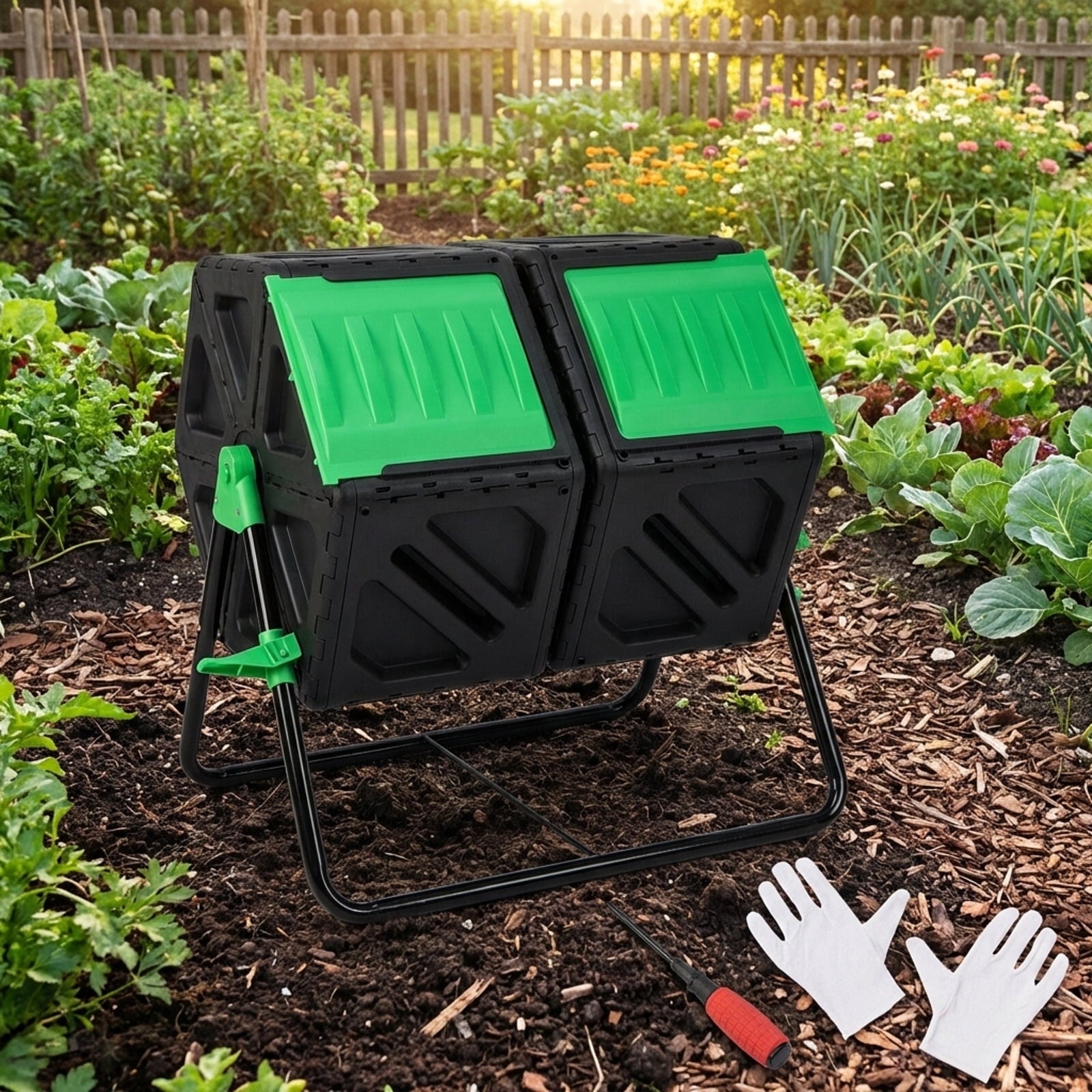 Biotree Dual Chamber Garden Compost Tumbler with Sliding Doors-Black and Green Outdoor Organic Yard Waste