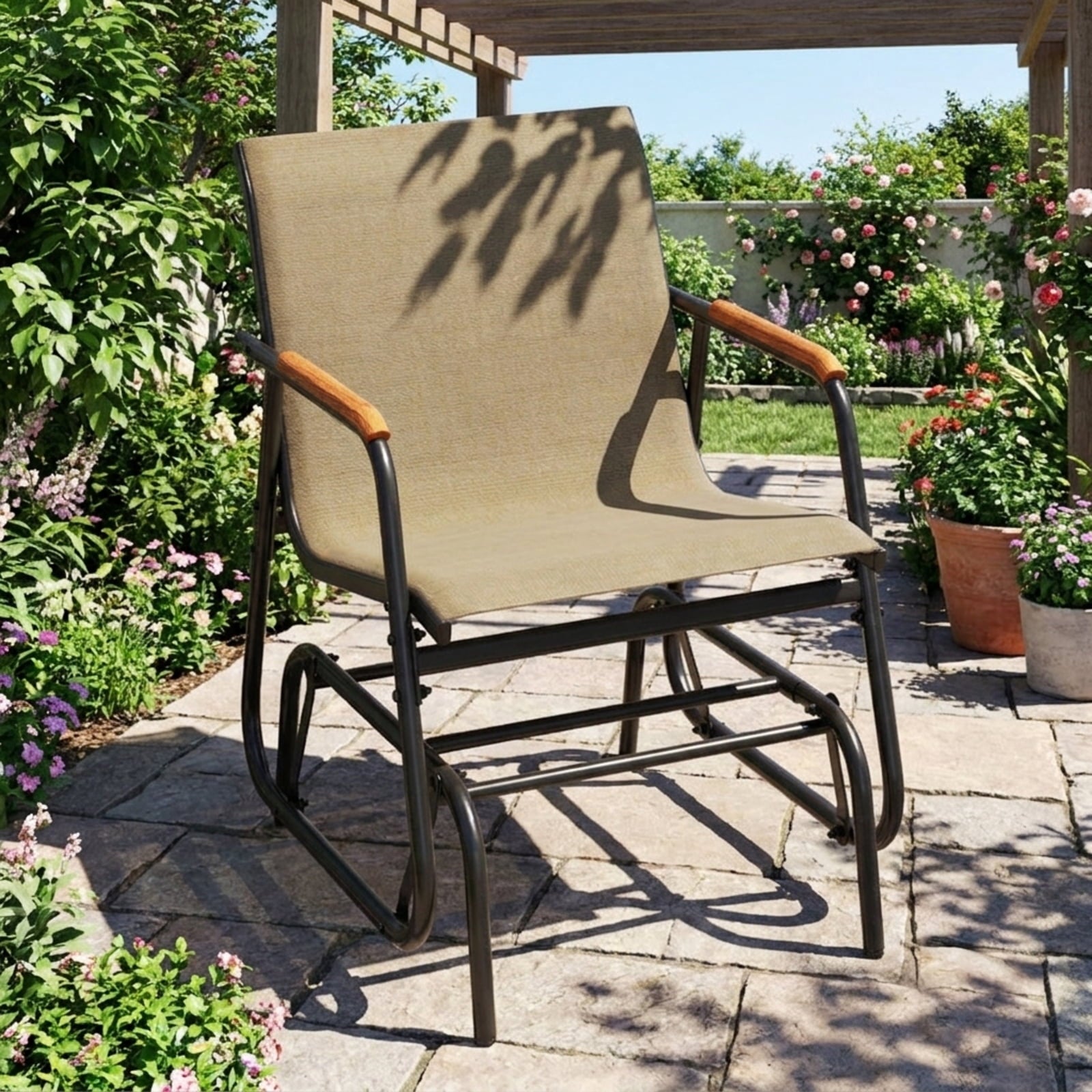 Biotree Patio Glider Chair Set of 2 with Curved Teak Armrests and Breathable Fabric Seat Stackable Patio Chair for Garden BackyardBrown
