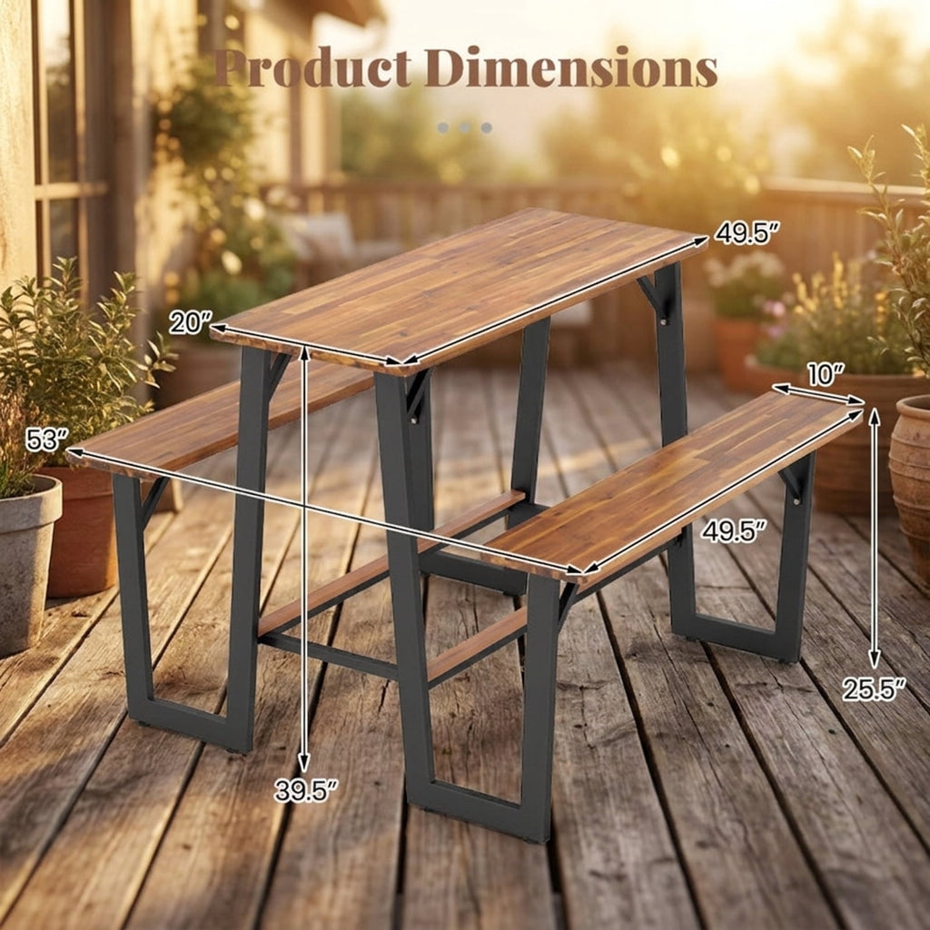 Biotree Patio Picnic Table Bench Set with Acacia Wood Tabletop and Benchtop, Black