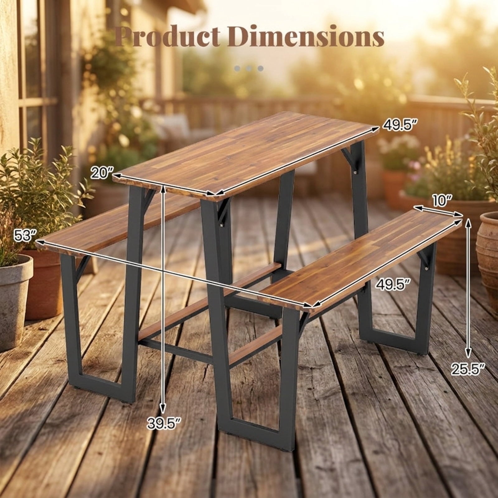 Biotree Patio Picnic Table Bench Set with Acacia Wood Tabletop and Benchtop, Black