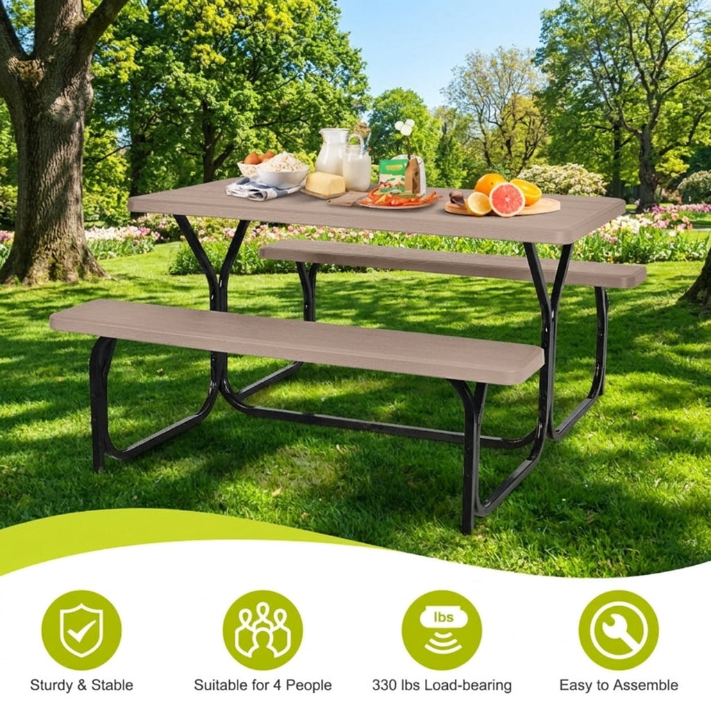 Biotree HDPE Outdoor Picnic Table Bench Set with Metal Base, Coffee