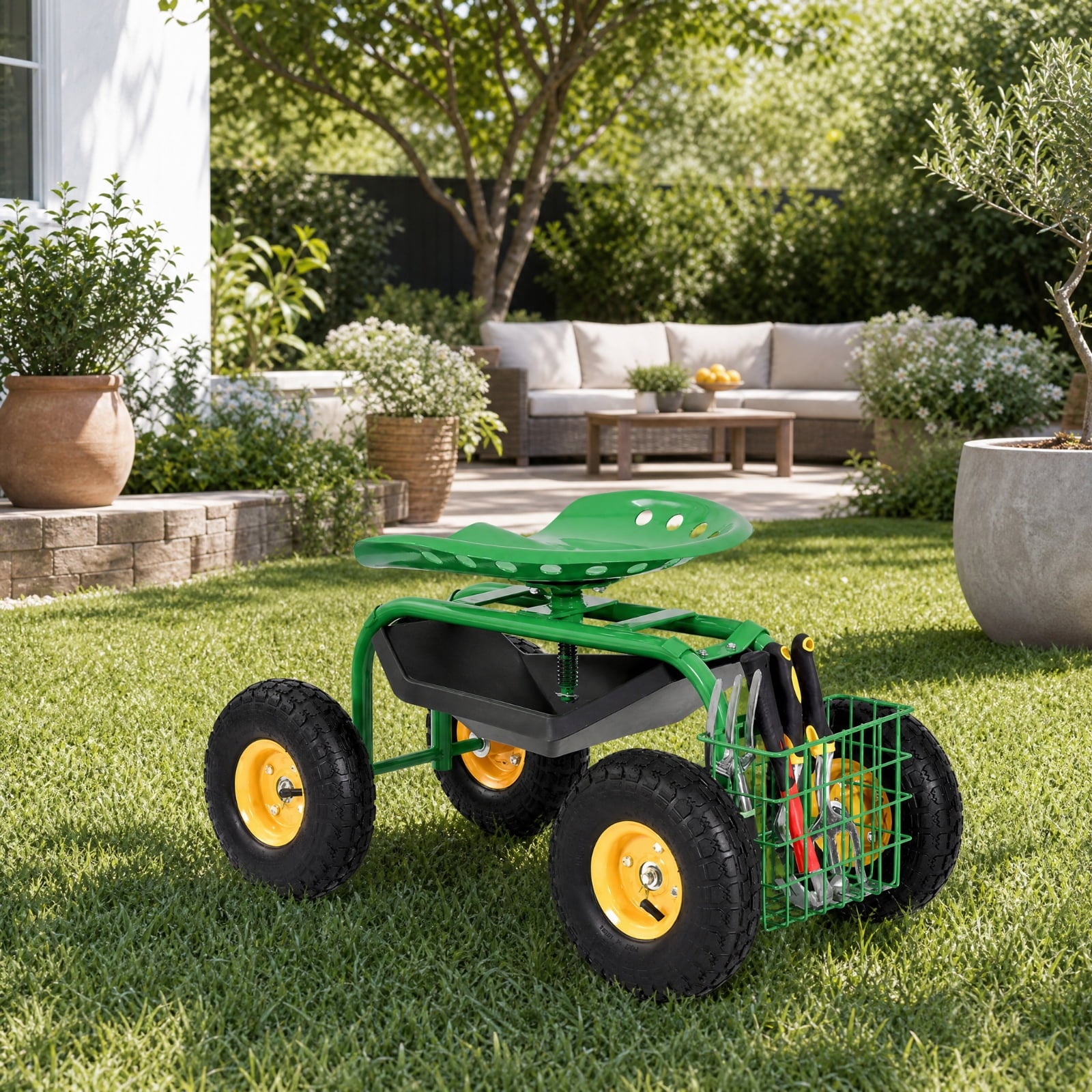 Biotree Rolling Garden Cart with Seat, 360¡ãSwivel Seat Adjustable Height ,330lbs Load Capacity, Wagon Scooter with Storage Bracket and Tool Tray, Suitable for Patio Yard, Green