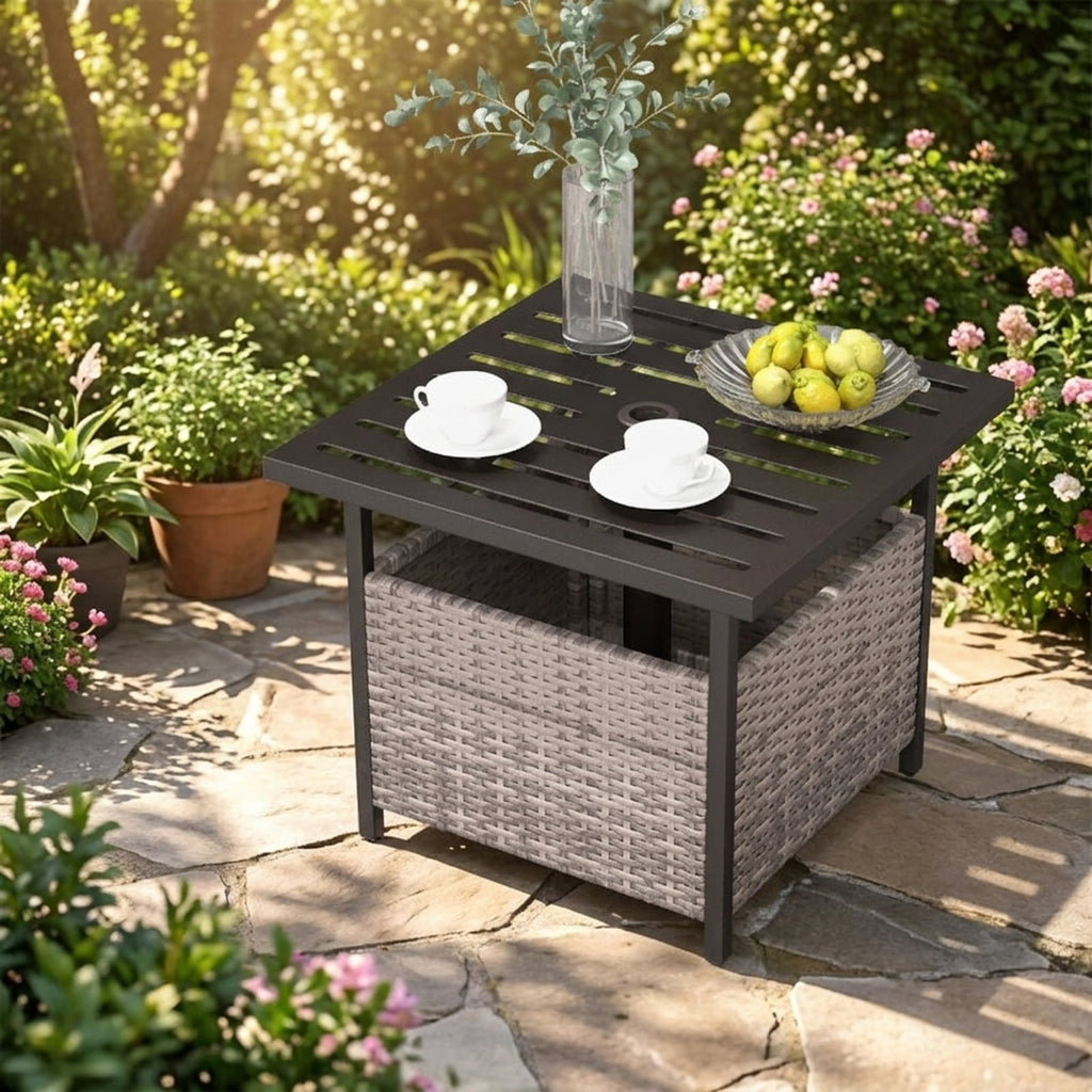 Biotree Outdoor Patio Rattan Wicker Steel Side Deck Table, Gray