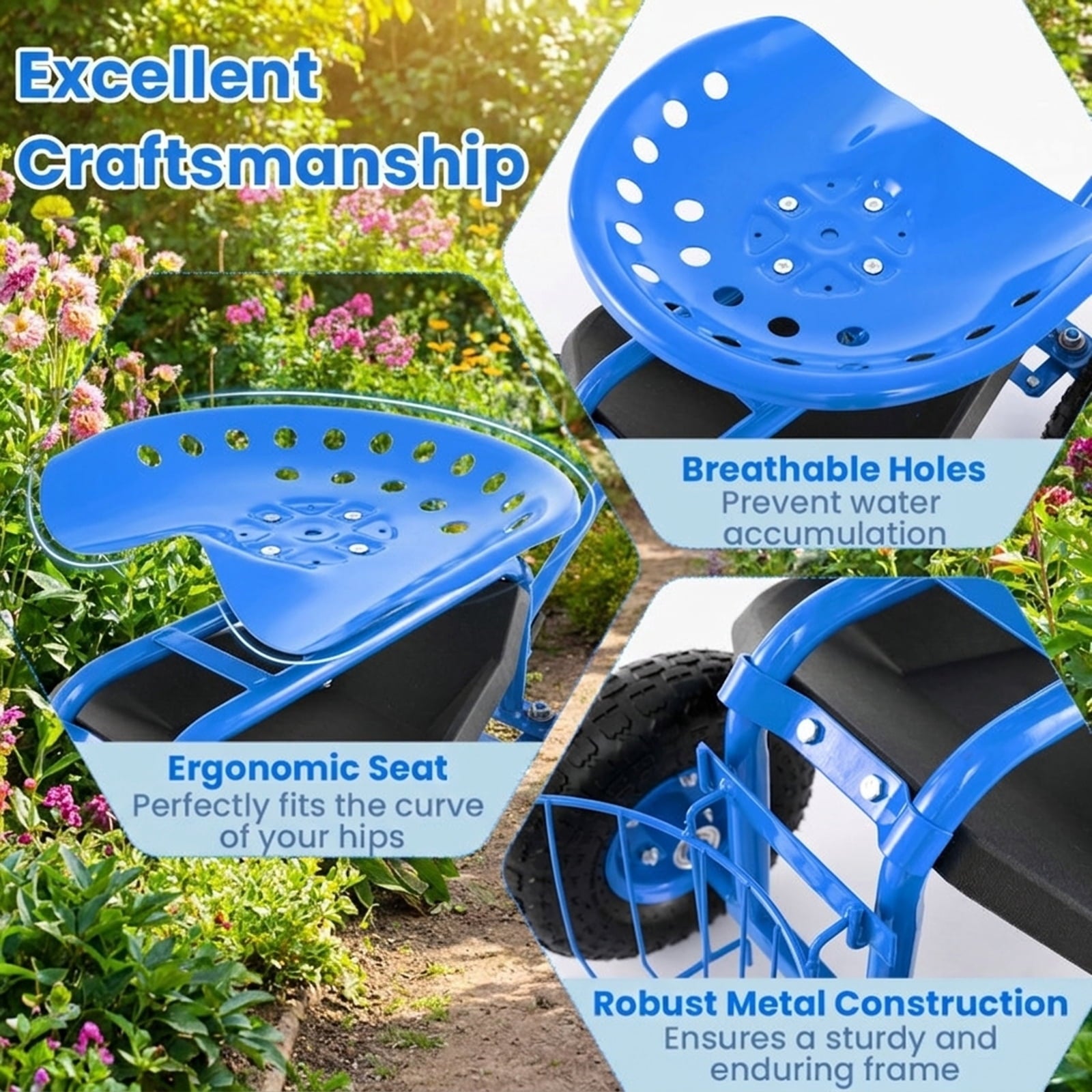 Biotree Extendable Handle Garden Cart Rolling Wagon Scooter for Garden Yard Lawn Work Outdoor, Blue