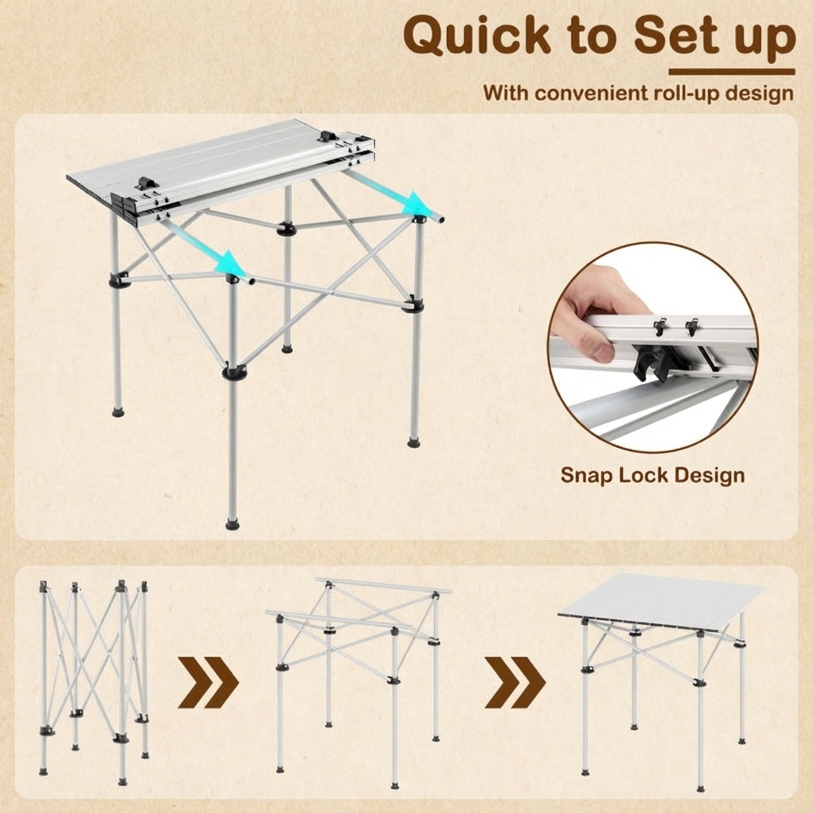 Biotree Lightweight Folding Roll-Up Camping Table with Metal Legs for Hiking Picnic and Beach, Silver