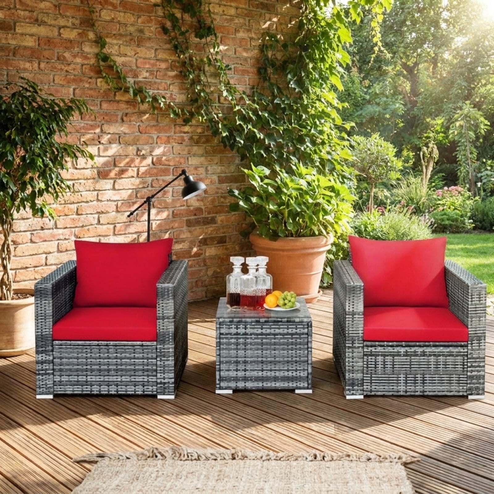 Biotree 3 Pcs Patio Rattan Furniture Bistro Sofa Set with Cushioned Outdoor Conversation Set for Garden Backyard PorchRed