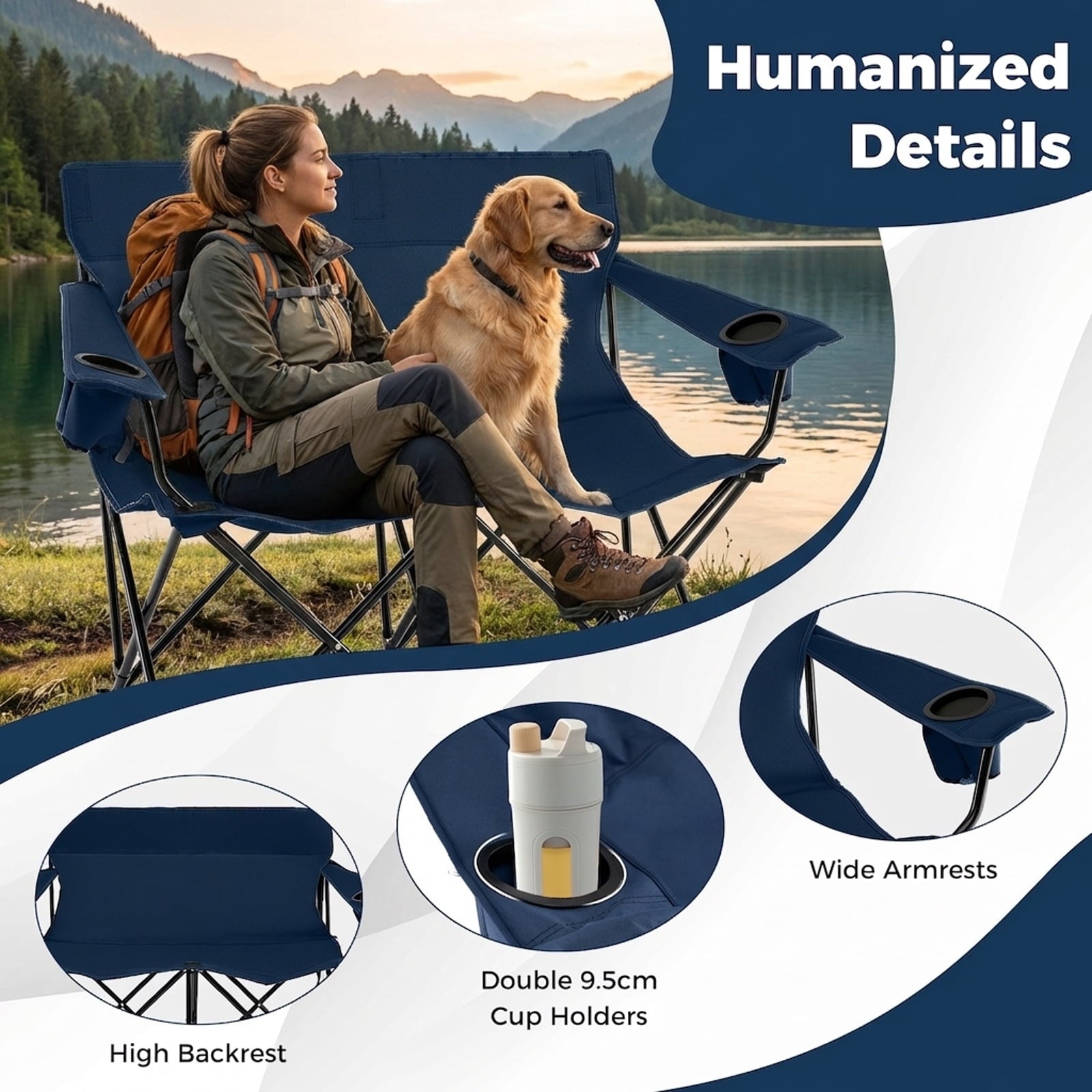 Biotree 2-Person Folding Outdoor Loveseat Camp Chair with Cup Holders Portable Double Camping Chair with Carry Bag, Blue