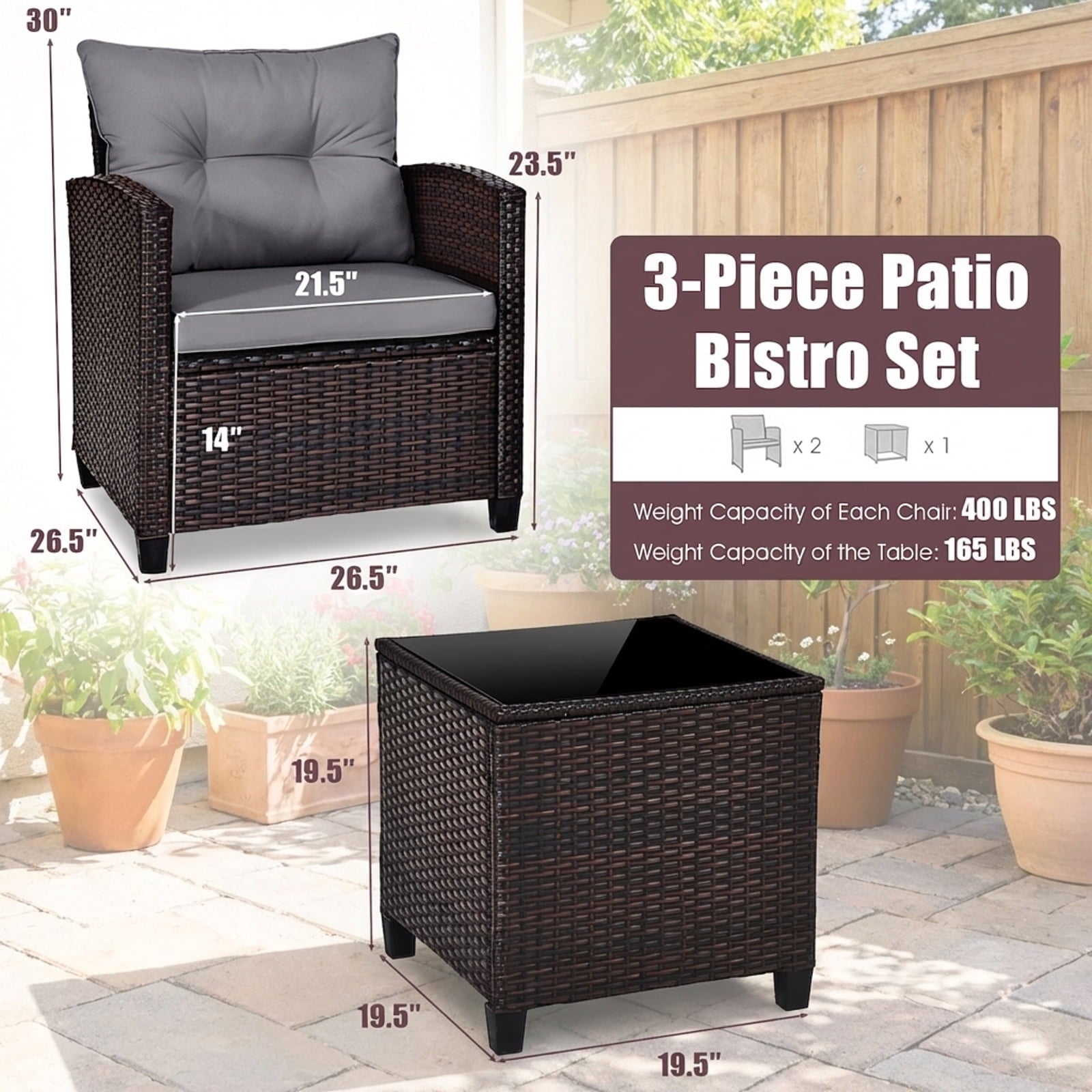 Biotree 3-Piece Patio Rattan Set with Washable Cushions-Gray
