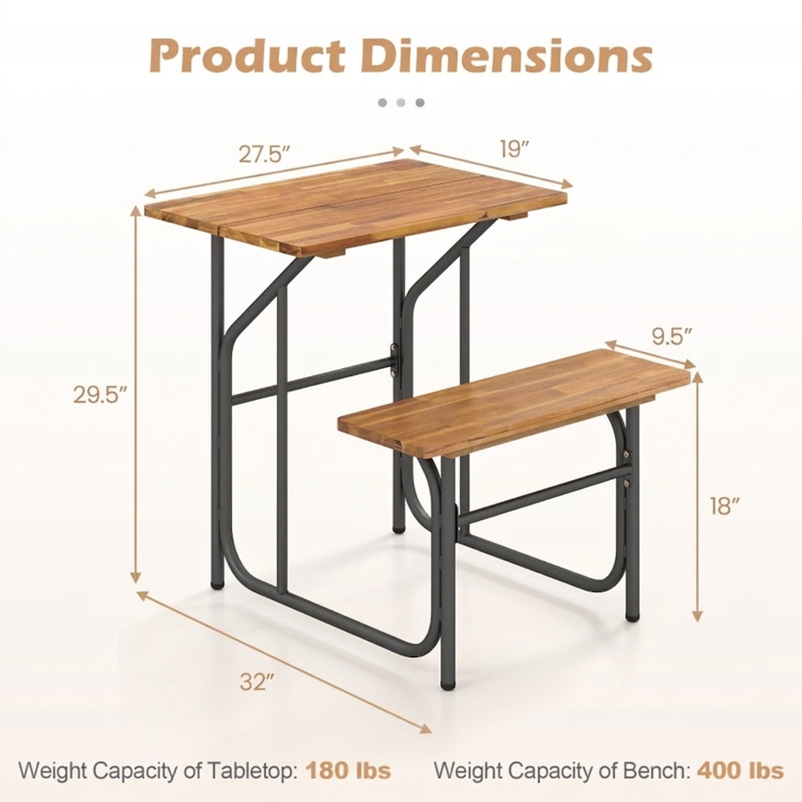 Biotree Acacia Wood Patio Table Bench Set One-Side Picnic Table and Seat, Black