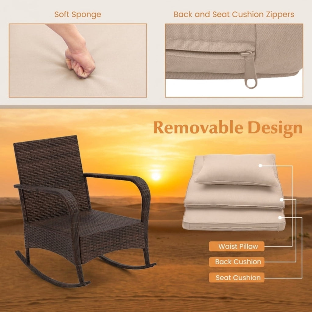Biotree 3 Piece Outdoor Rocking Set with Tempered Glass Coffee Table for Backyard Poolside Outdoor Conversation Set for Garden Backyard PorchBrown