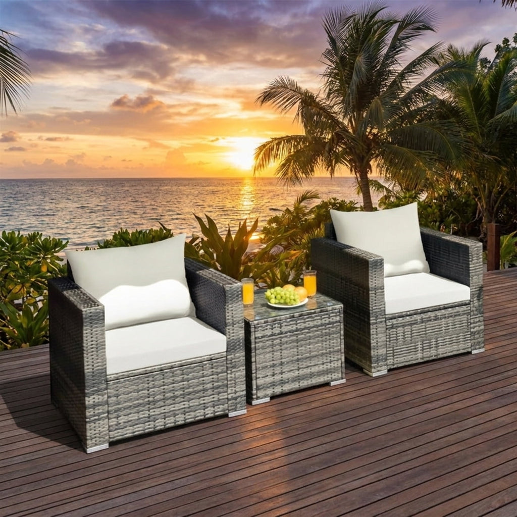 Biotree 3 Pcs Patio Rattan Furniture Bistro Sofa Set with Cushioned Outdoor Conversation Set for Garden Backyard PorchWhite