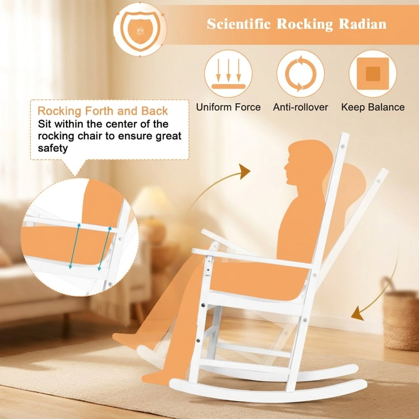 Biotree Indoor Outdoor Wooden High Back Rocking Chair Stackable Patio Chair for Garden BackyardWhite