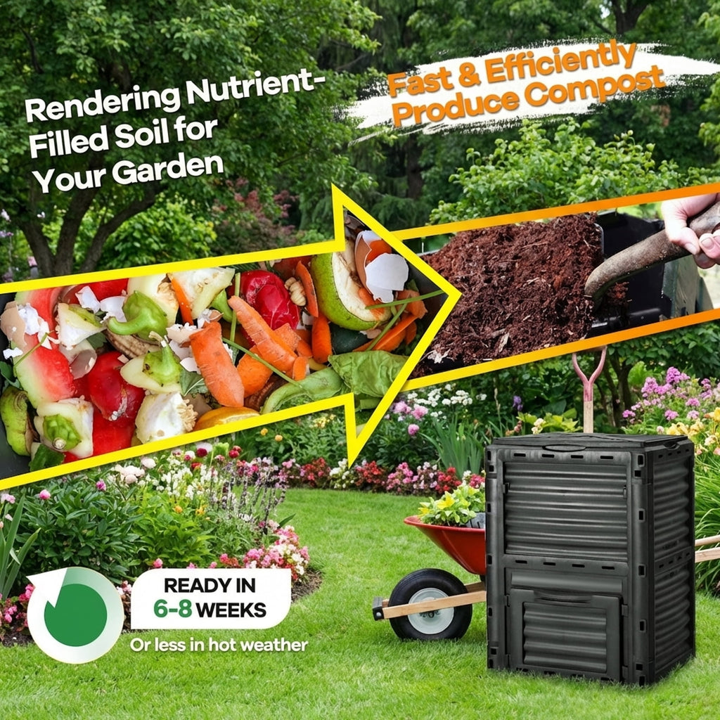 Biotree 80-Gallon Outdoor Composter with Large Openable Lid and Bottom Exit Door-Black Garden Organic