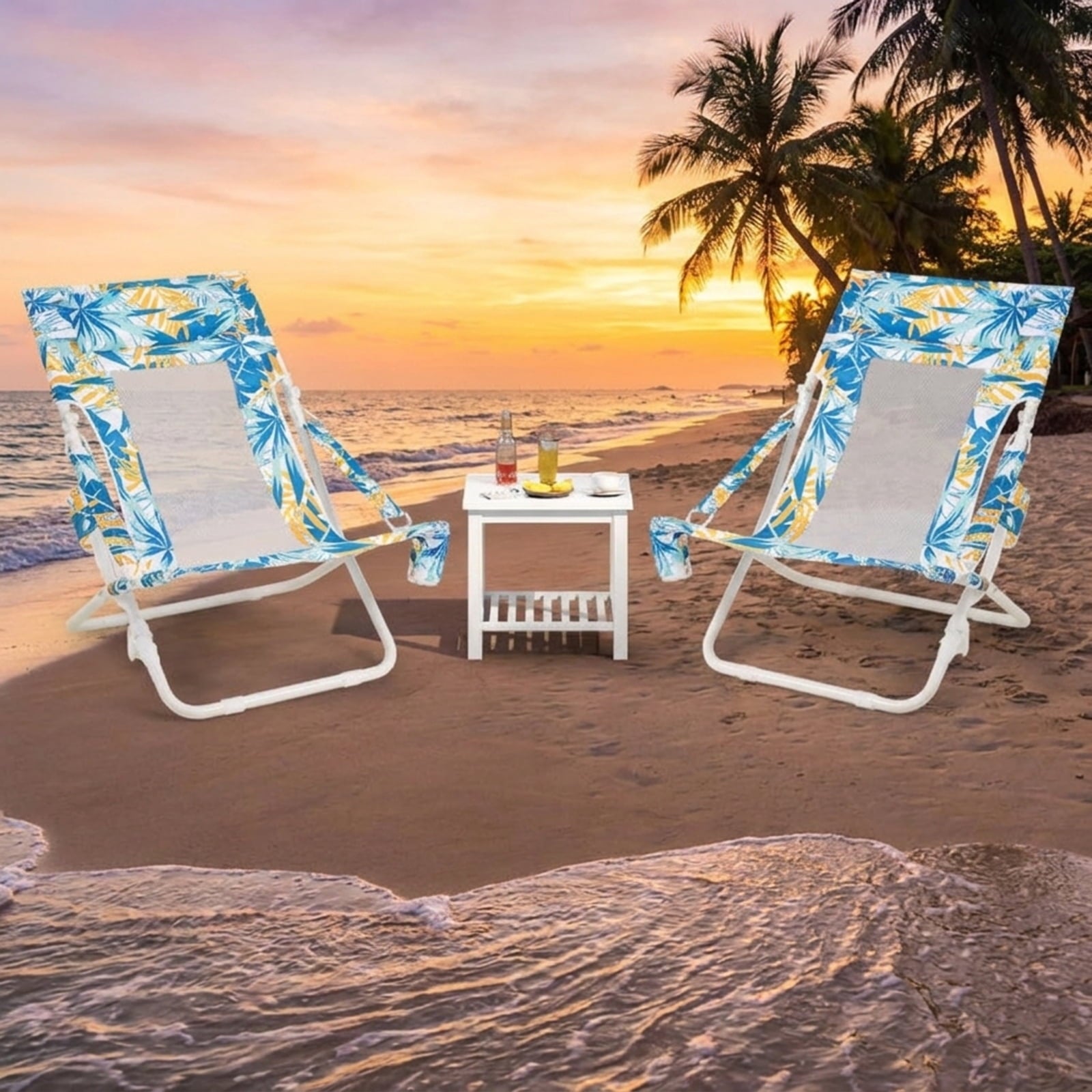 Biotree Folding Low Beach Chair Set of 2 Patio Sling Chairs with Padded Head Pillow Stackable Patio Chair for Garden BackyardBlue