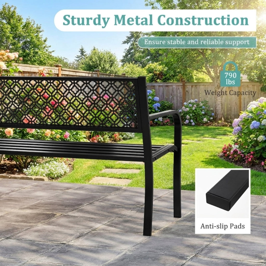Biotree 50 Inches Outdoor Garden Bench with Geometric Lattice Backrest and Slatted Seat Stackable Patio Chair for Garden BackyardBlack