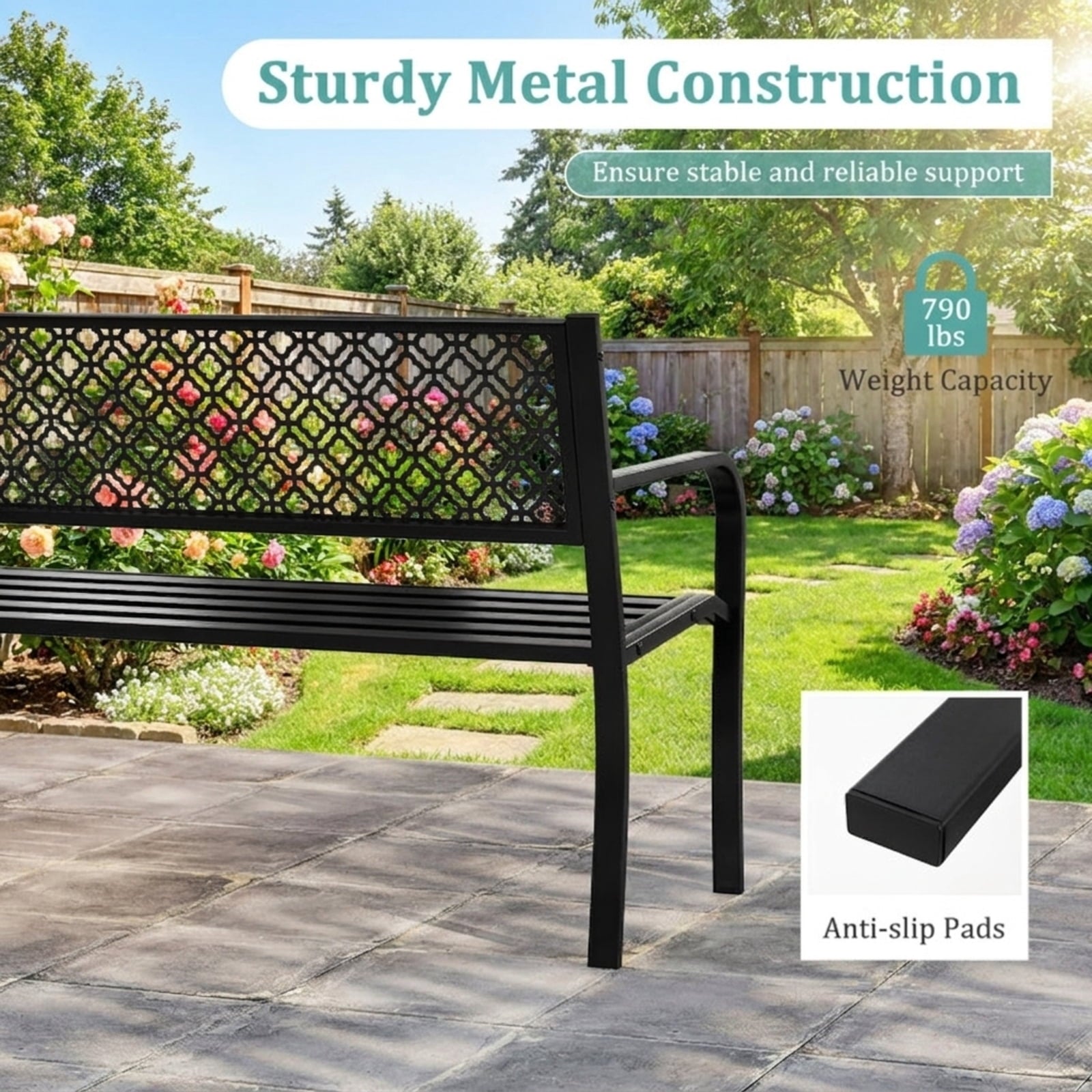 Biotree 50 Inches Outdoor Garden Bench with Geometric Lattice Backrest and Slatted Seat Stackable Patio Chair for Garden BackyardBlack