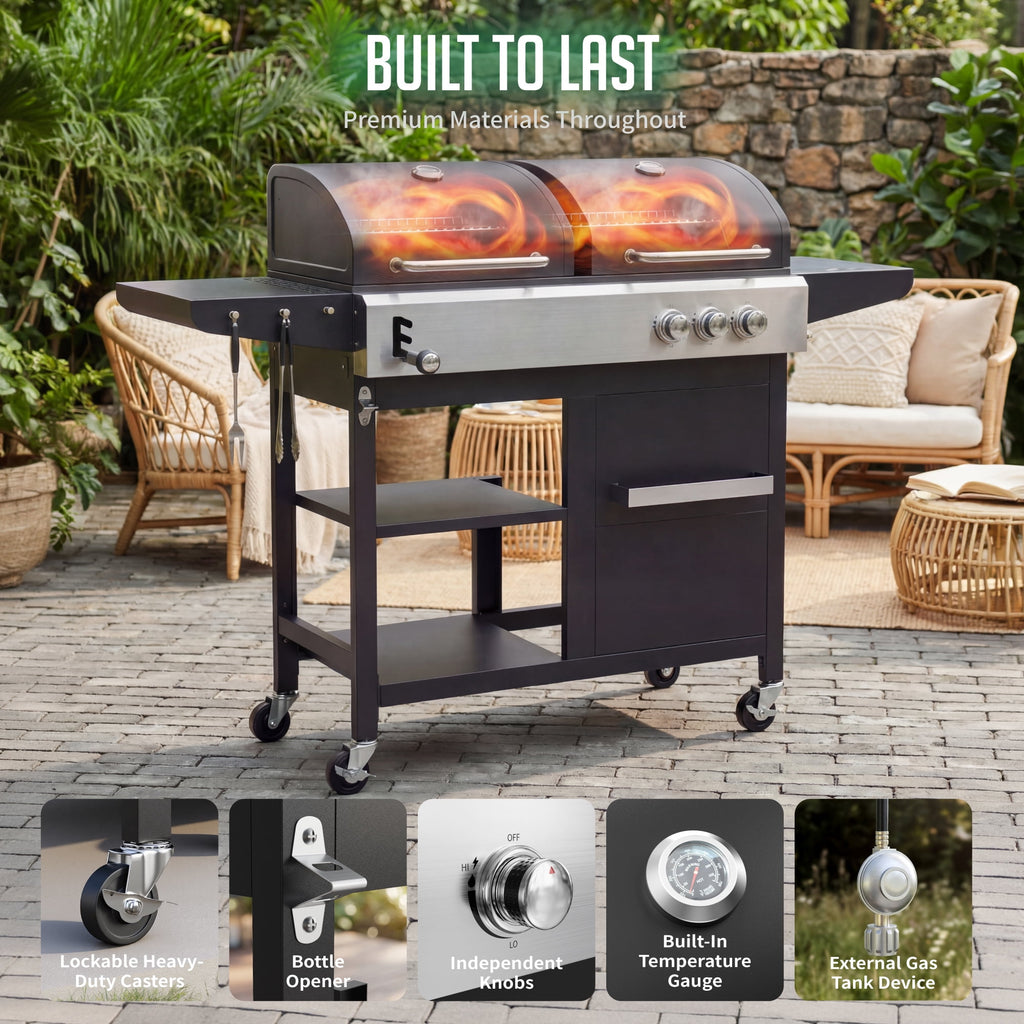 Biotree 3-Burner Gas and Charcoal Grill Combo, Dual Fuel 54,000 BTU BBQ Propane Grill with Side Burner for Backyard BBQ, Outdoor Cooking & Camping