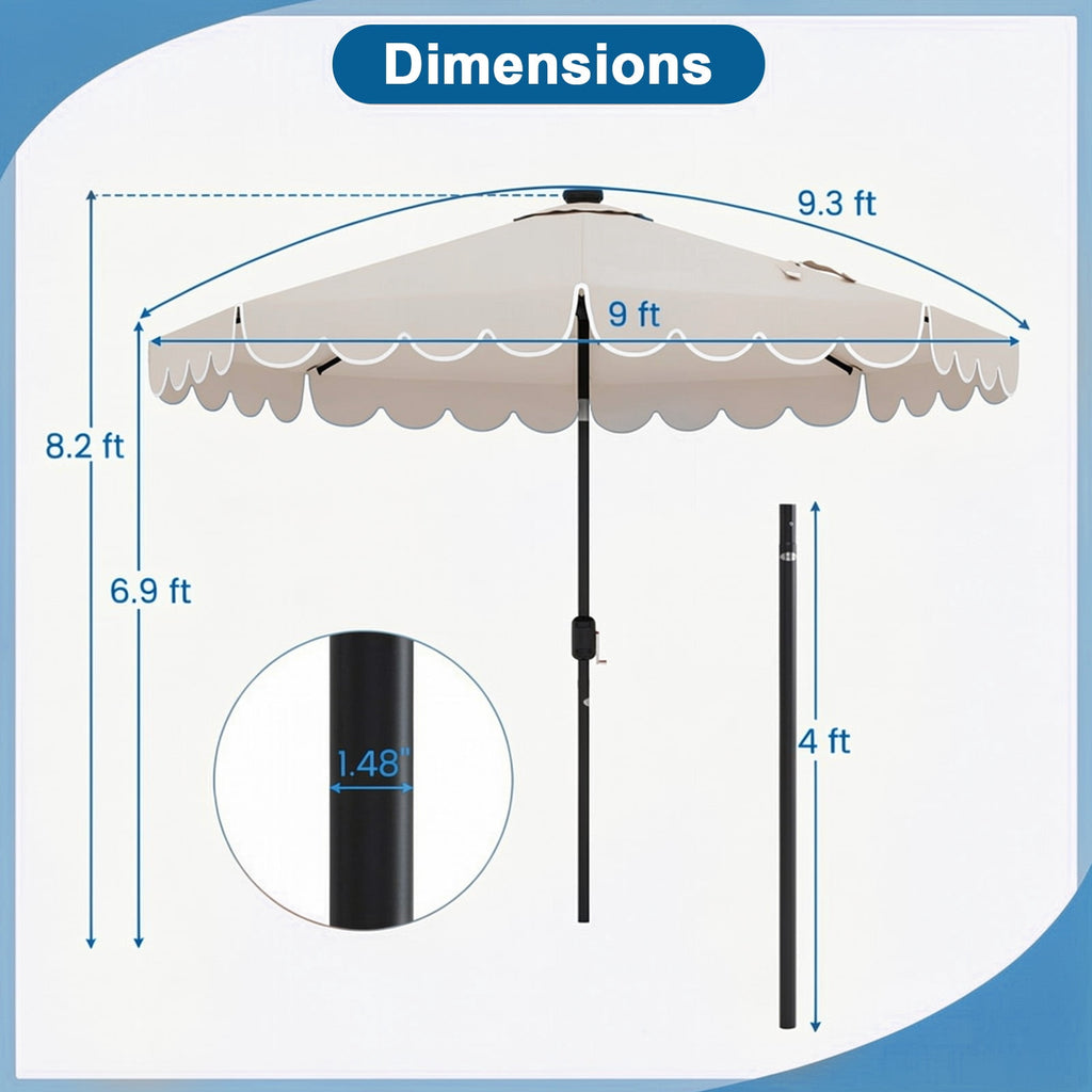 Biotree 9.3 Feet Solar Patio Umbrella with 24 LED Lights Vented Top and Ruffles-Beige Outdoor Backyard