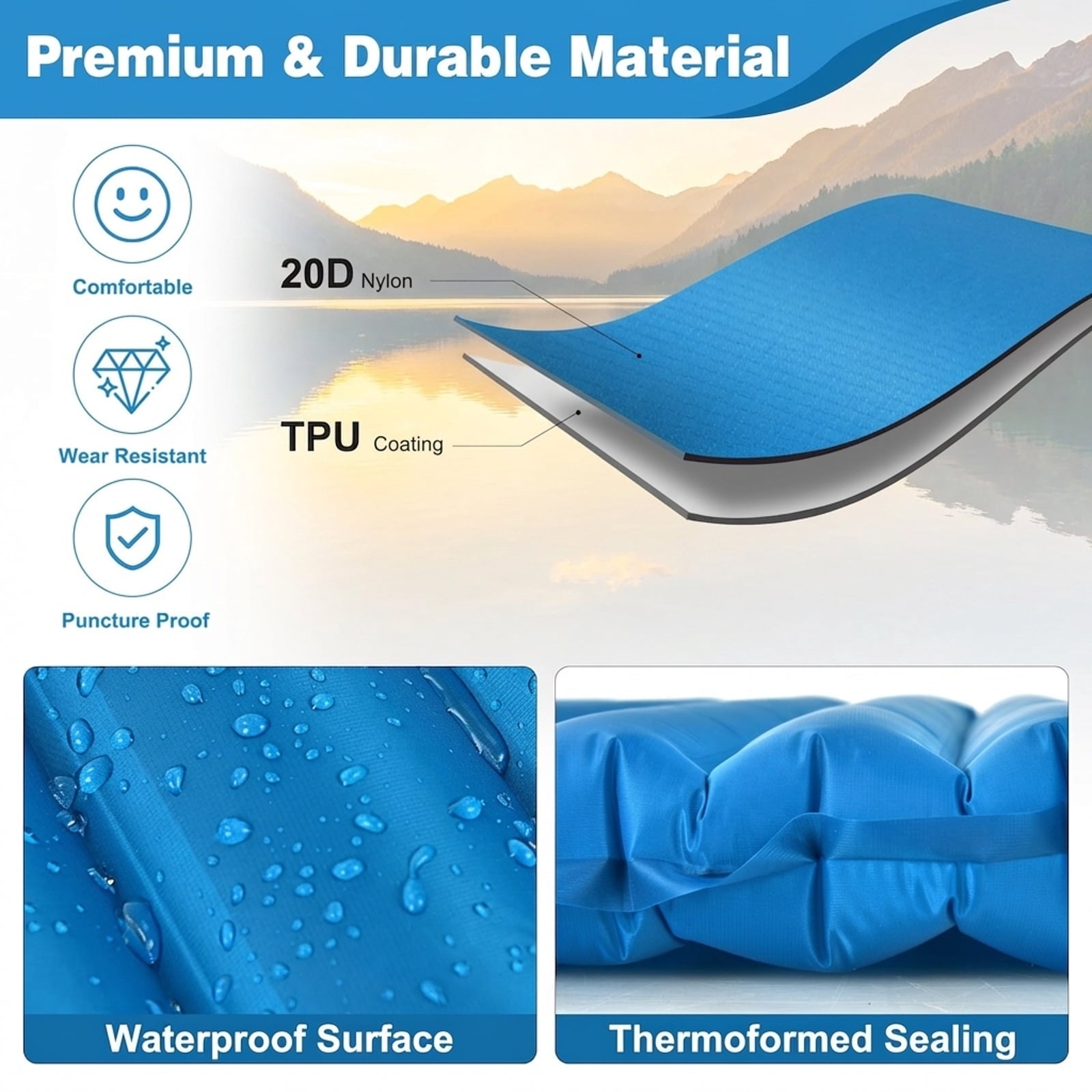 Biotree 3 Inch Thick Inflatable Waterproof Camping Sleeping Pad, Blue