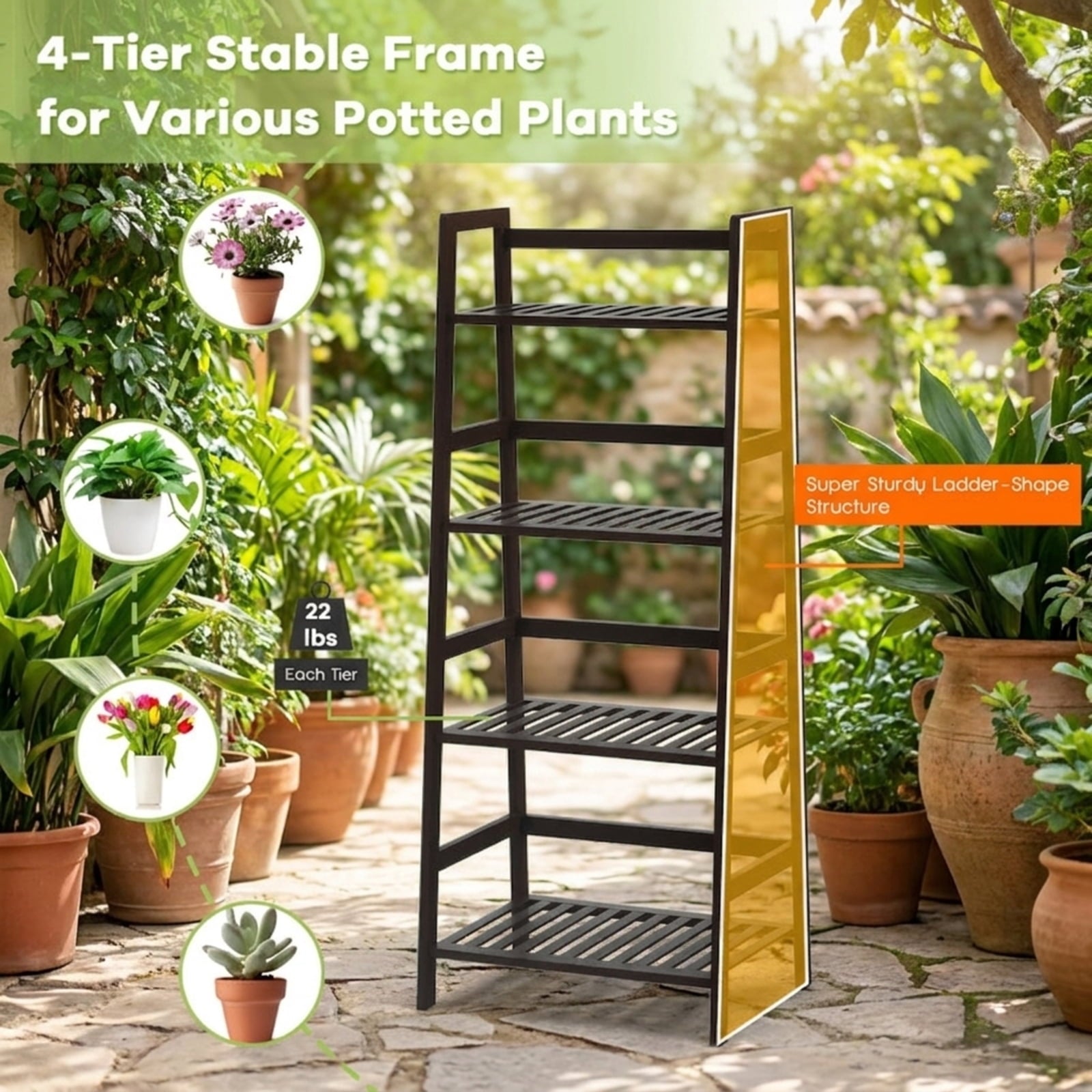 Biotree 4-Tier Bamboo Plant Rack with Guardrails Stable and Space-Saving for Indoor Outdoor Patio Balcony Garden, Brown
