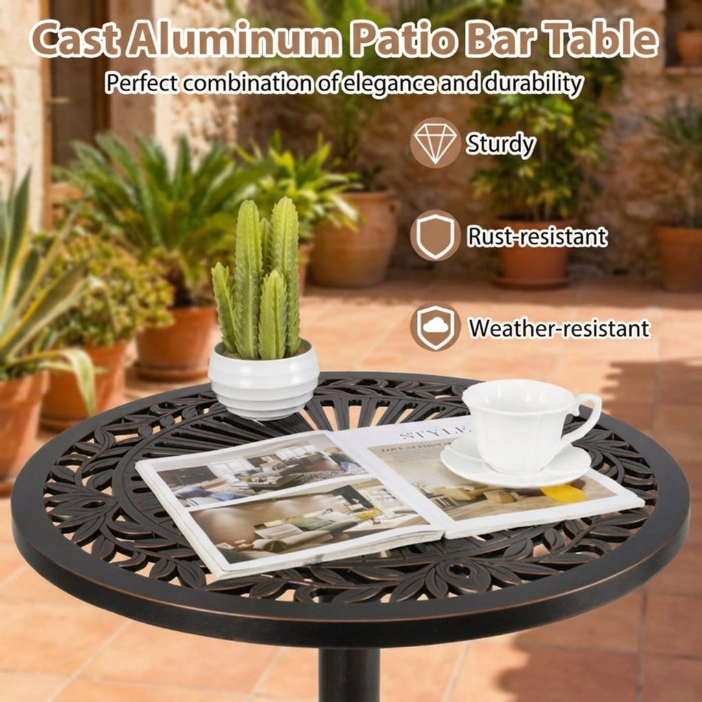 Biotree 41.5 Inch Patio Round Bar Table Cast Aluminum Bistro Table for Garden, Walnut