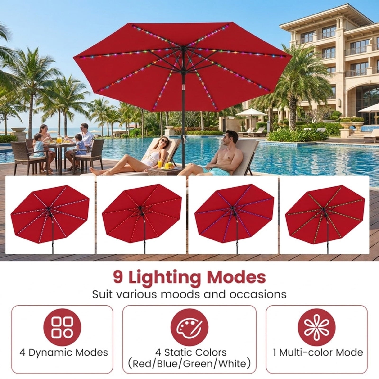 Biotree 10 ft Market Patio Umbrella with Crank and Tilt, 8 Sturdy Ribs, Vented Canopy - Red for Backyard