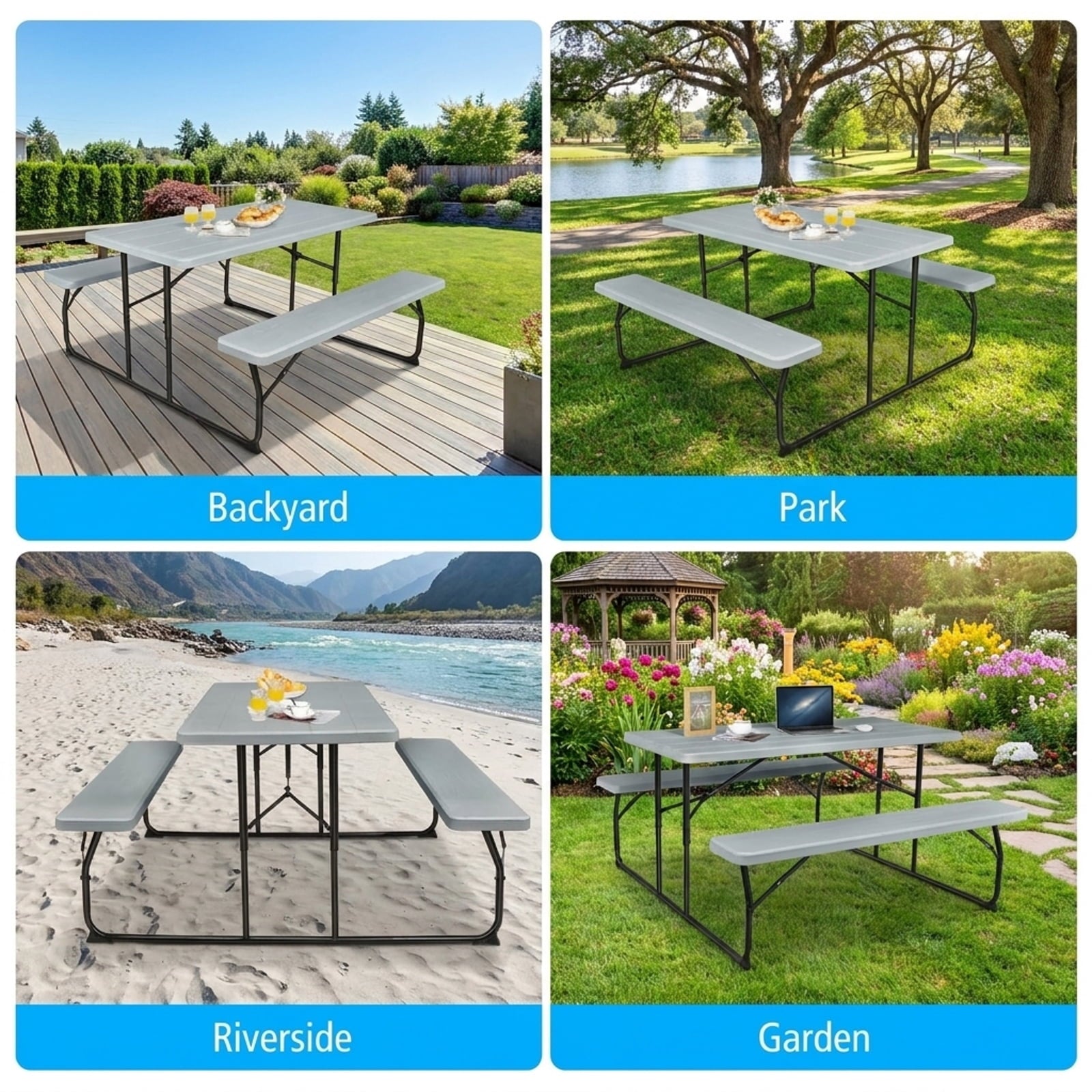 Biotree Indoor and Outdoor Folding Picnic Table Bench Set with Wood-like Texture, Gray