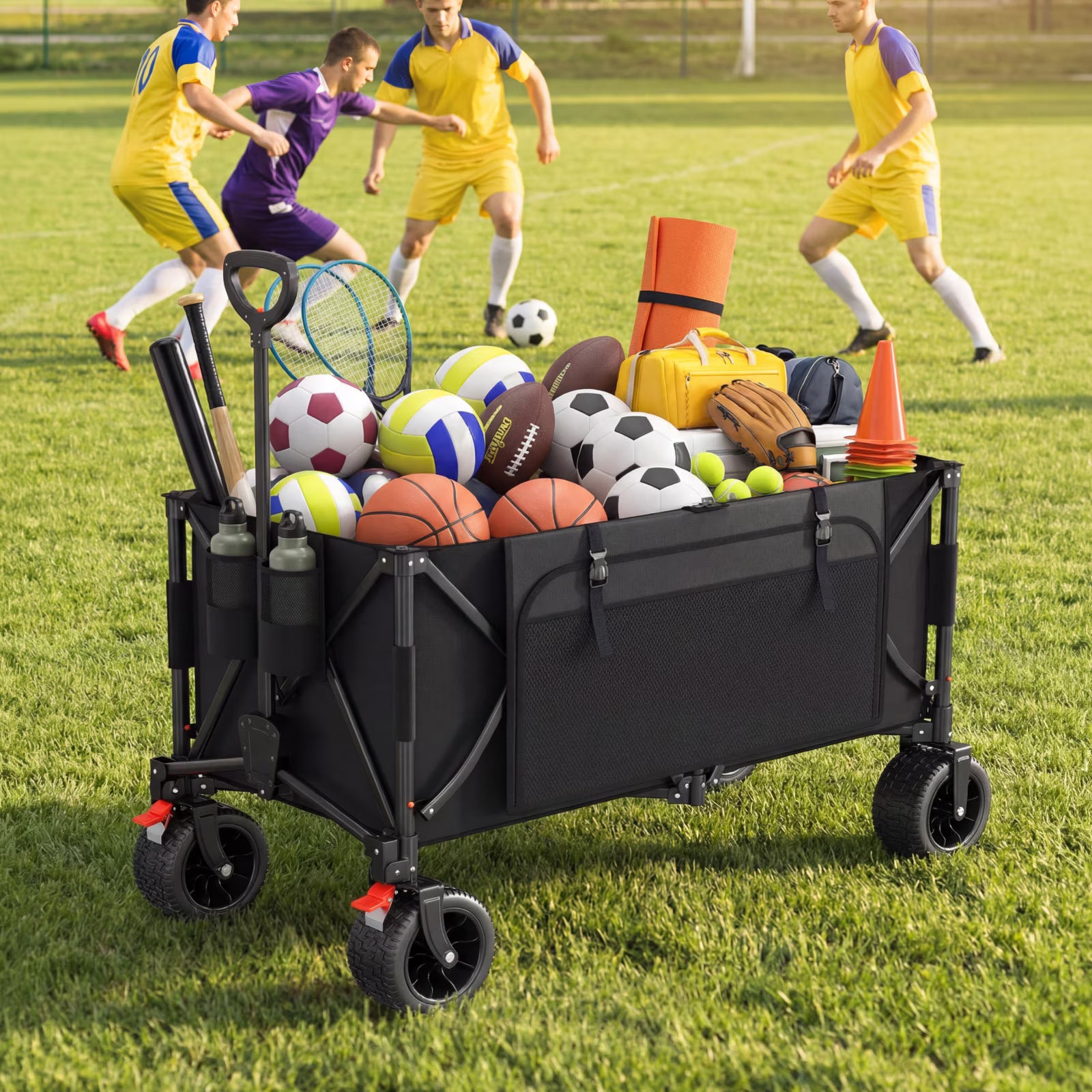 Biotree Collapsible Wagon Cart with Brakes, 300L 600Lbs Heavy Duty Folding Beach Wagon,All Terrain Utility Wagon for Camping Sports Garden Grocery, Black
