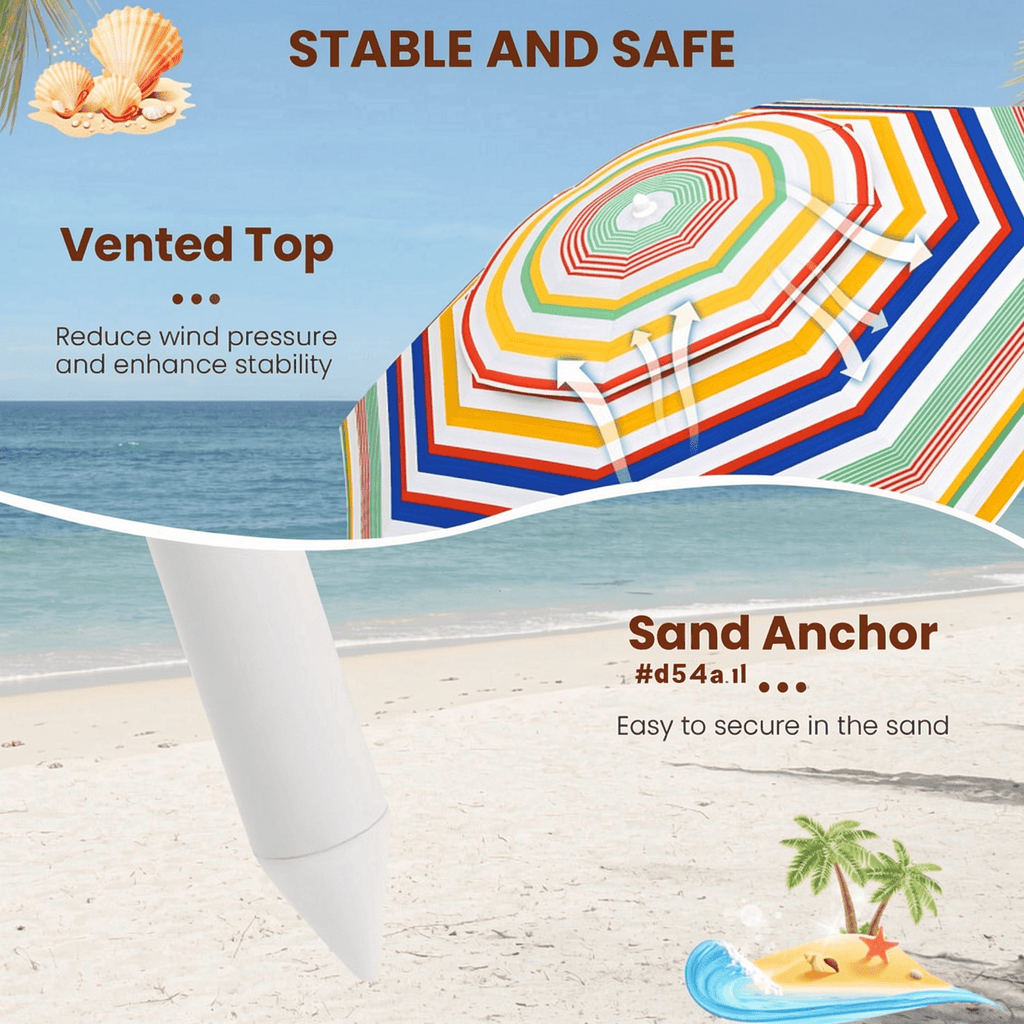 Biotree 6.5 Feet Beach Umbrella with UPF50+ Sun Protection and Push Button Tilt-Colorful - Portable Sun Shade for Beach Pool Backyard