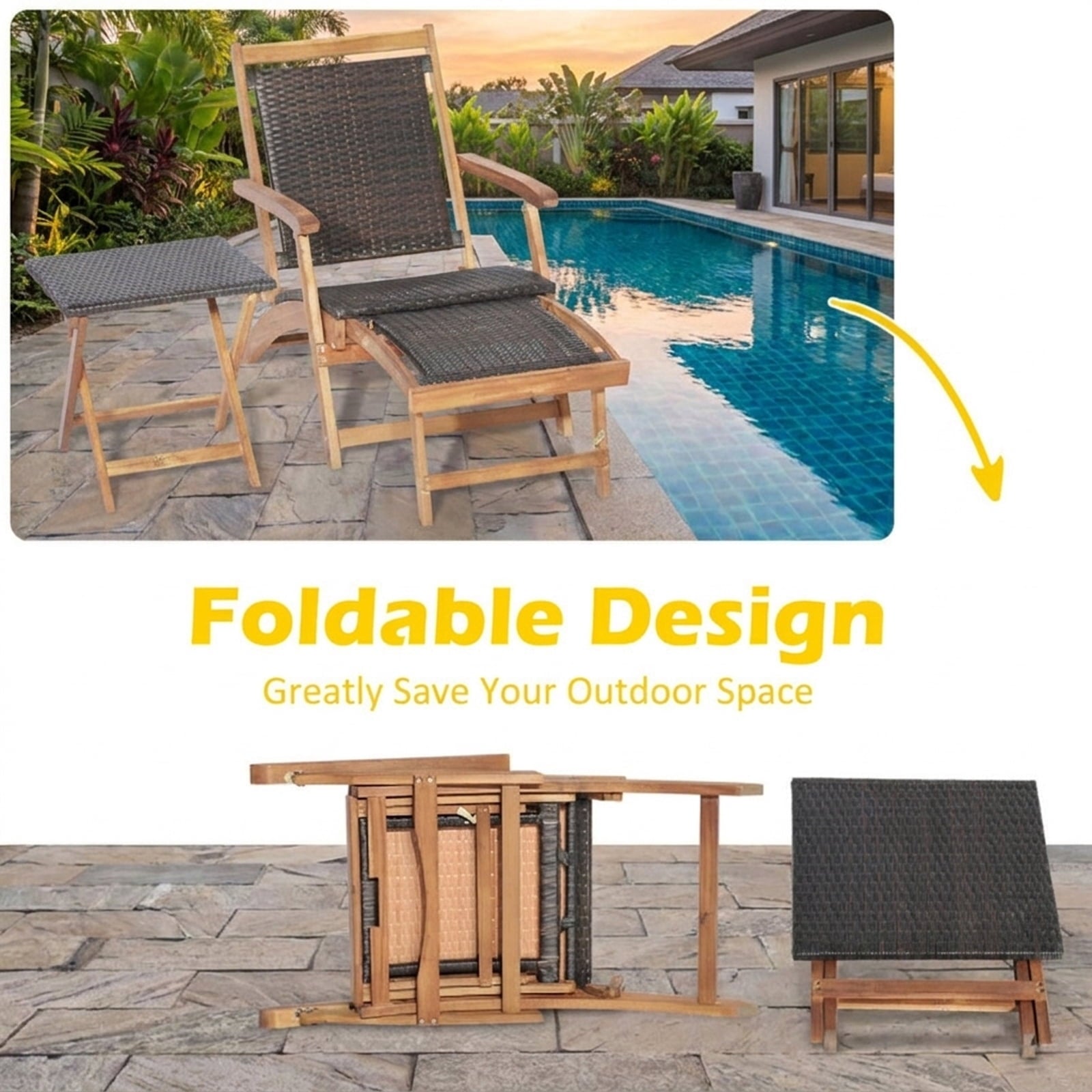 Biotree 2 Pieces Patio Rattan Folding Lounge Chair with Acacia Wood Table Stackable Patio Chair for Garden BackyardMix Brown