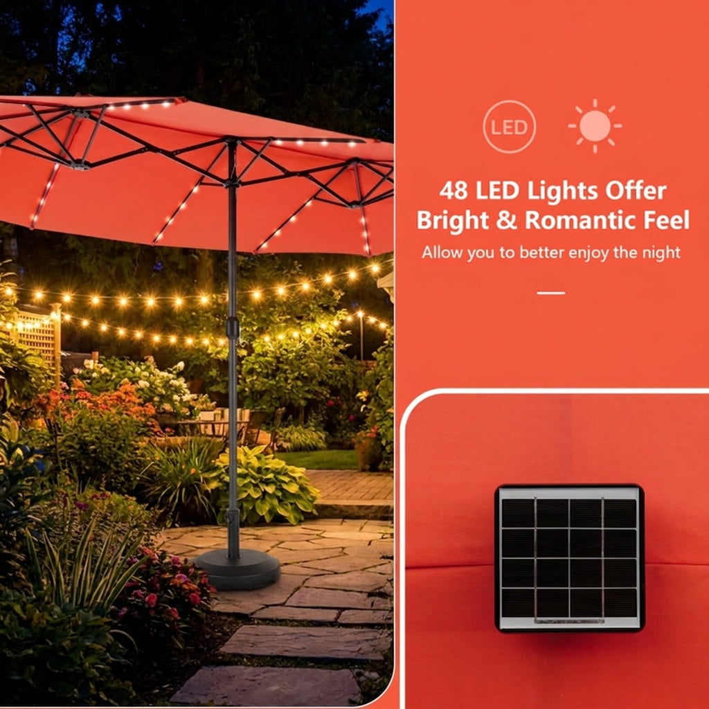 Biotree 15 ft Double-Sided Twin Patio Umbrella 48 LED Lights Outdoor Shade - Orange - UV Protection with Cross Base
