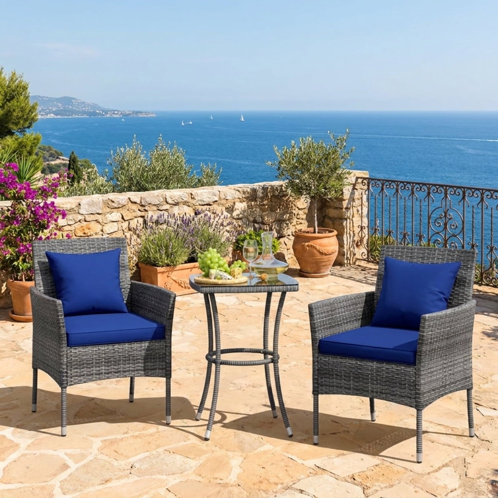 Biotree 3 Pieces Patio Furniture Set with Cushioned Patio Chairs and Tempered Glass Coffee TableNavy