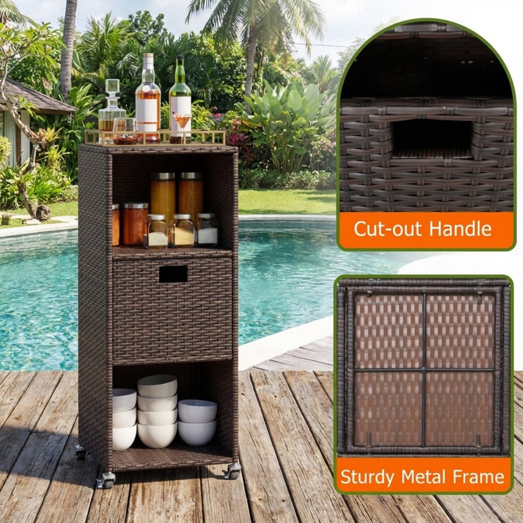 Biotree Outdoor Storage Cabinet with Drawer and 3 Shelves, PE Rattan Tall Deck Cabinet Patio Garden Console for Backyard Porch Deck Poolside, Mix Brown