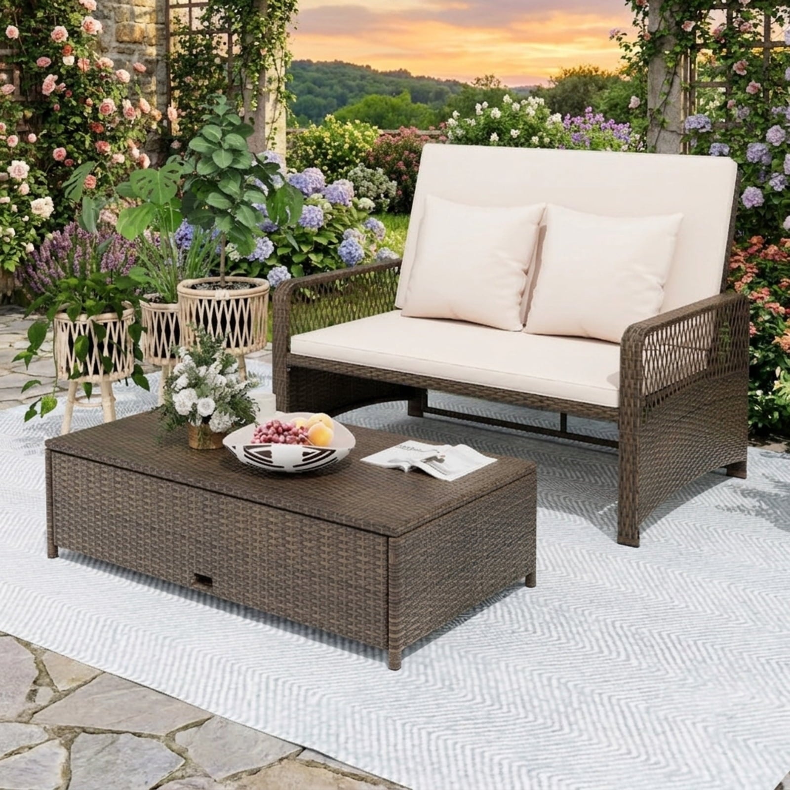 Biotree Patio Adjustable Wicker Daybed with 4-Level Backrest and Soft Cushions Outdoor Conversation Set for Garden Backyard PorchBeige