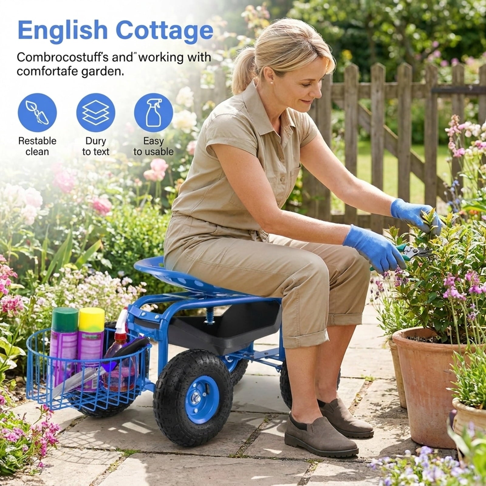 Biotree Heavy Duty Garden Cart with Tool Tray and 360 Swivel Seat for Garden Yard Lawn Work Outdoor, Blue