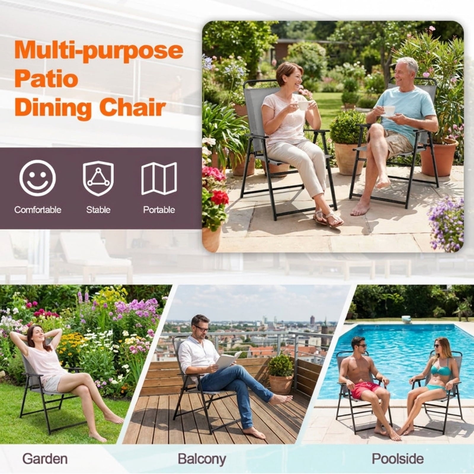 Biotree Outdoor Folding Sling Chairs Set of 4 with Armrest and Backrest Stackable Patio Chair for Garden BackyardGray