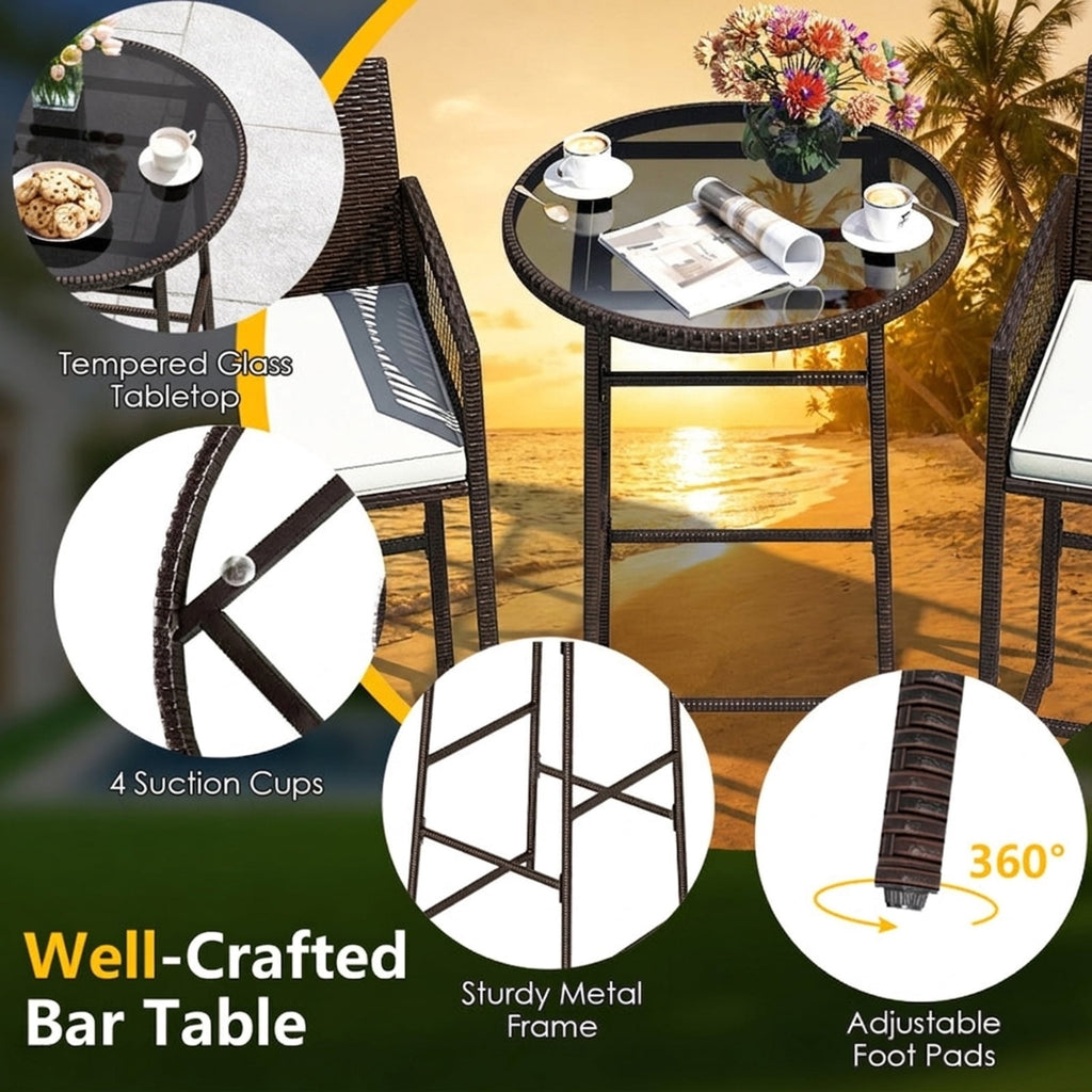 Biotree 3-Piece Patio Bar Set with Round Glass Table and Rattan Armchairs, White - Outdoor Patio Bar Height Furniture Set for Deck Garden
