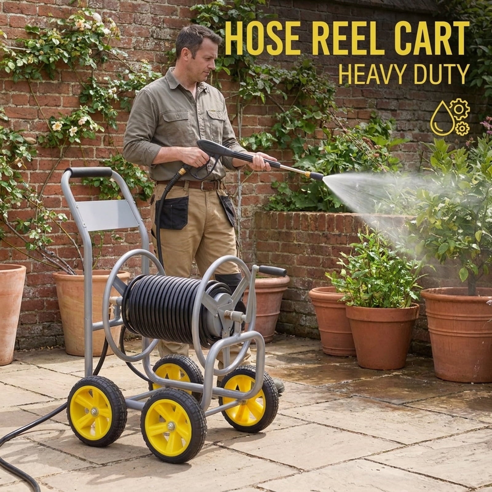 Biotree Garden Hose Reel Cart 4 Wheels Heavy-Duty Metal Water Hose Organizer Portable for Garden Yard Lawn Watering Outdoor, Silver