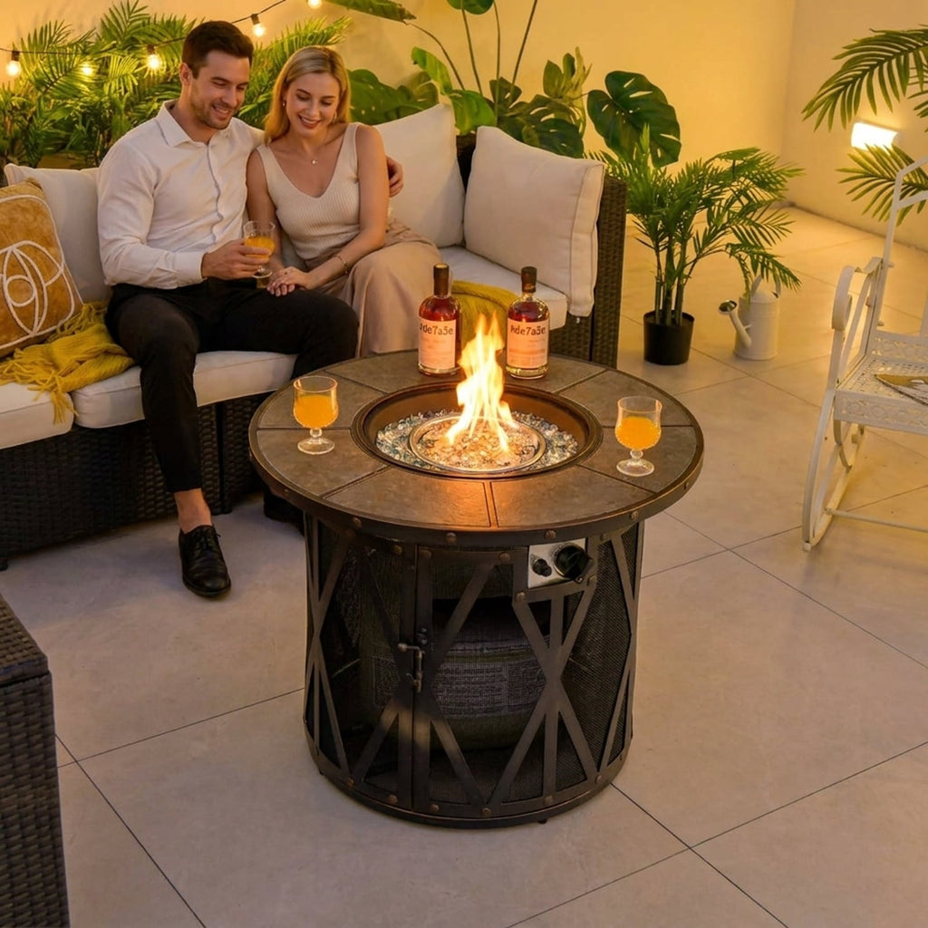 Biotree 32 Inch 30000BTU Fire Pit Table with Fire Glasses and PVC Cover for Outdoor Patio Backyard Garden Camping, Black Gray