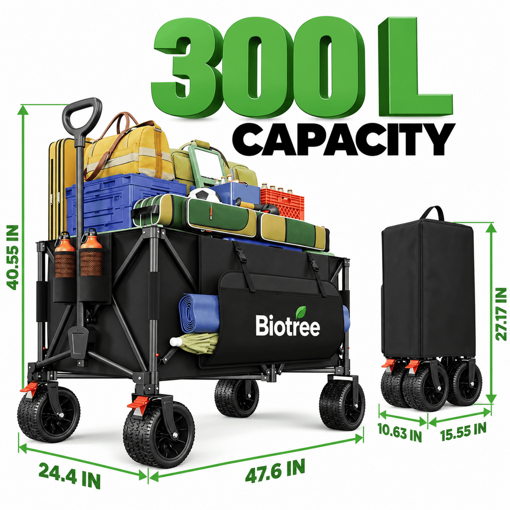 Biotree Collapsible Wagon Cart with Brakes, 600 lbs Heavy-Duty Folding Beach Wagon, 300L Large Capacity Garden Cart with All-Terrain Utility Cart for Camping Sports Shopping, Black