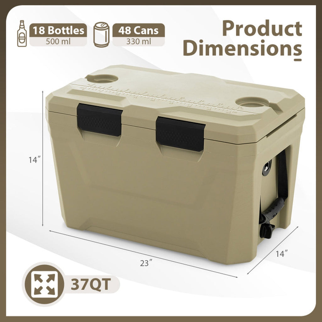 Biotree Insulated Portable Cooler Hard Shell Ice Chest with 2 Cup Holders Bottle Opener and Drain Plug, 37 Qt, Off-White