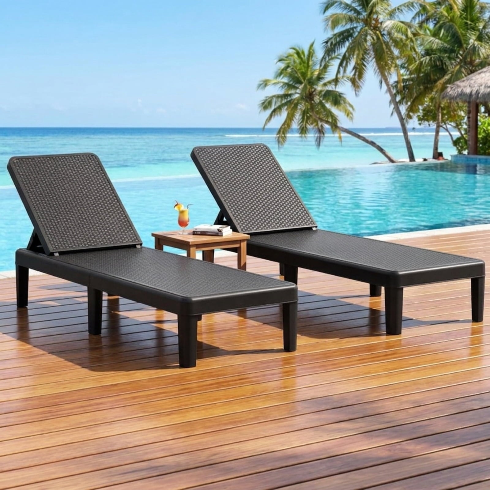 Biotree Outdoor Chaise Lounger Chair with Waterproof Rattan Textured PP Surface and 330 Lbs CapacityBlack