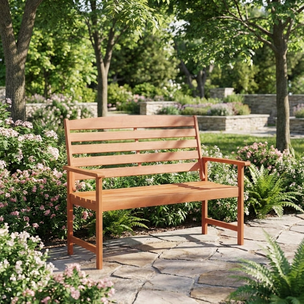 Biotree 2-Person Wooden Garden Bench with Slatted Backrest and Comfortable Armrests Stackable Patio Chair for Garden BackyardNatural