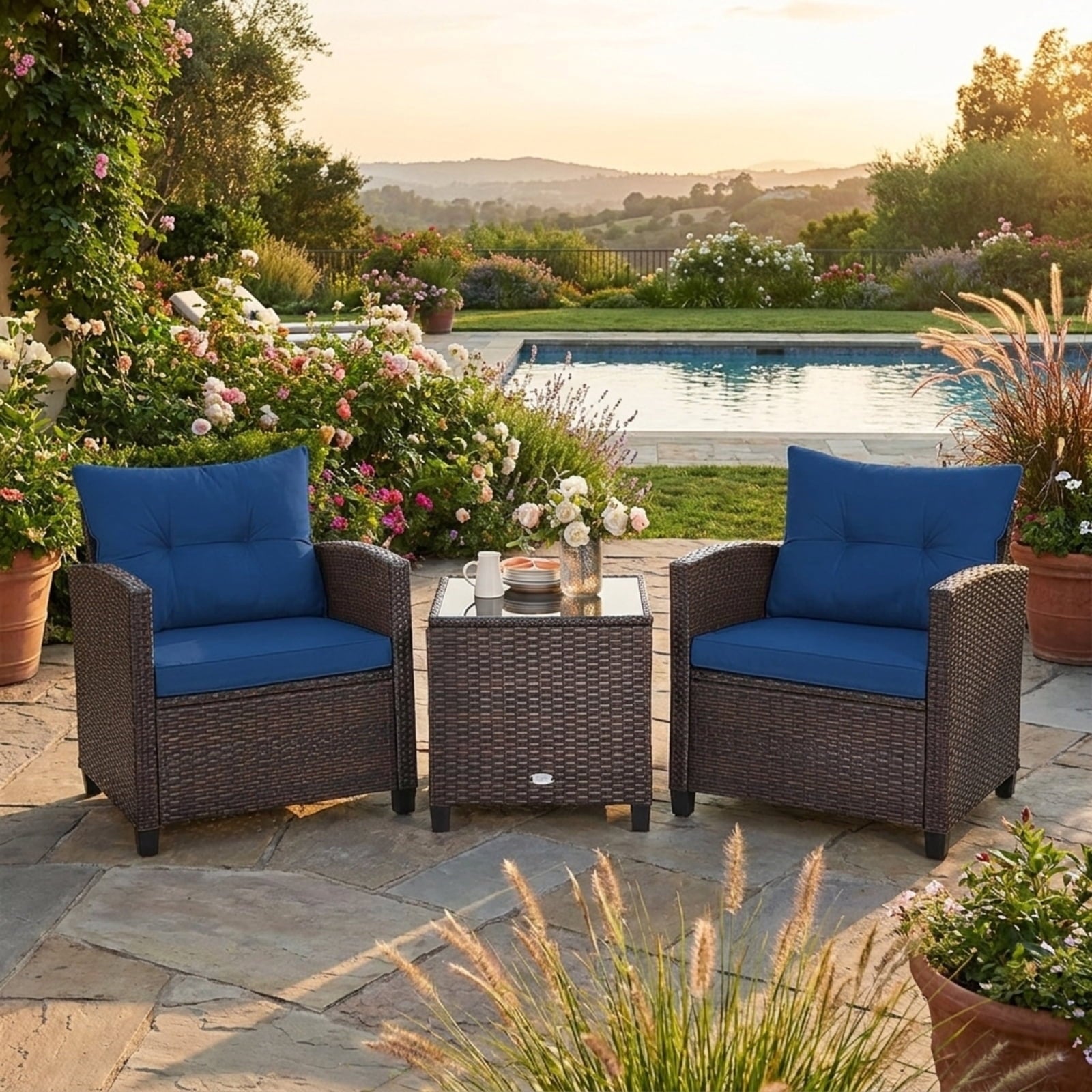Biotree 3 Pcs Patio Rattan Furniture Set Cushioned Conversation Set Coffee Table Outdoor Conversation Set for Garden Backyard PorchNavy