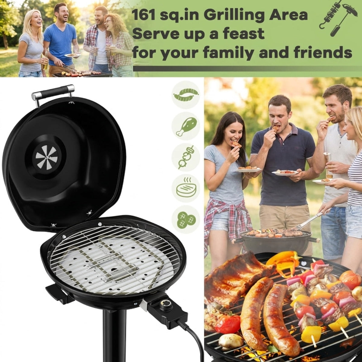 Biotree 1600W Portable Electric BBQ Grill with Temperature Control Grease Collector, Smokeless Tabletop BBQ Cooker for Backyard Patio Camping Black